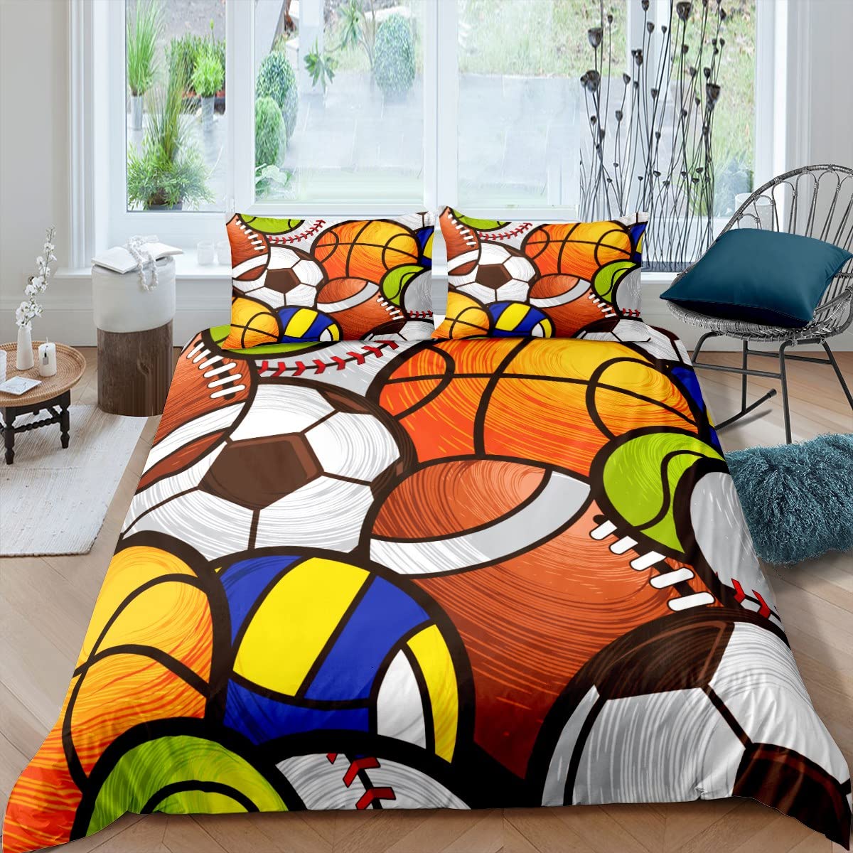 Basketball Baseball Football Soccer Sports Duvet Cover Set Twin Size - 2 Piece Kids Boys Teens Bedding Set with 1 Pillowcase - Luxury Polyester Quilt Cover for Sports Themed Room Decor - Perfect for Game Day, Sleepovers, and Teen Bedroom Makeovers