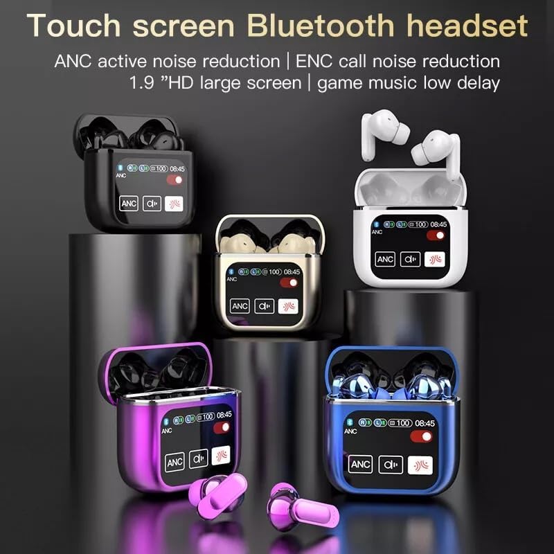 Touch Screen Wireless Earbuds with Smart Display | Active Noise Cancelling TWS Bluetooth Earbuds | IPX7 Waterproof Sport Headphones for Running, Gym & Travel (Pink)
