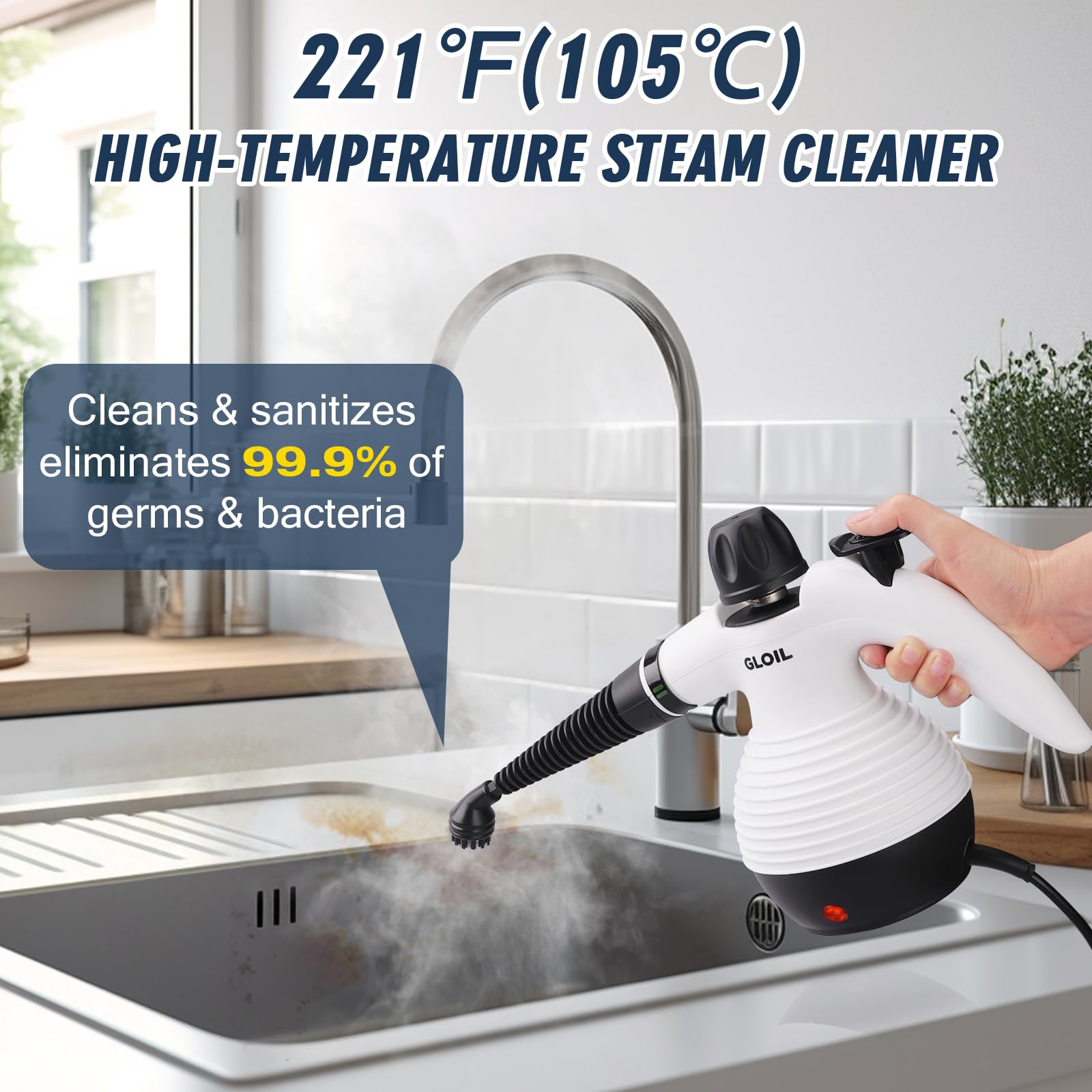 **Portable Handheld Steam Cleaner for Home Use - Multi-Purpose Steamer with Safety Lock & 10 Accessory Kit - Remove Grime, Grease, Stains - Perfect for Kitchen, Bathroom, Car, Upholstery & More**