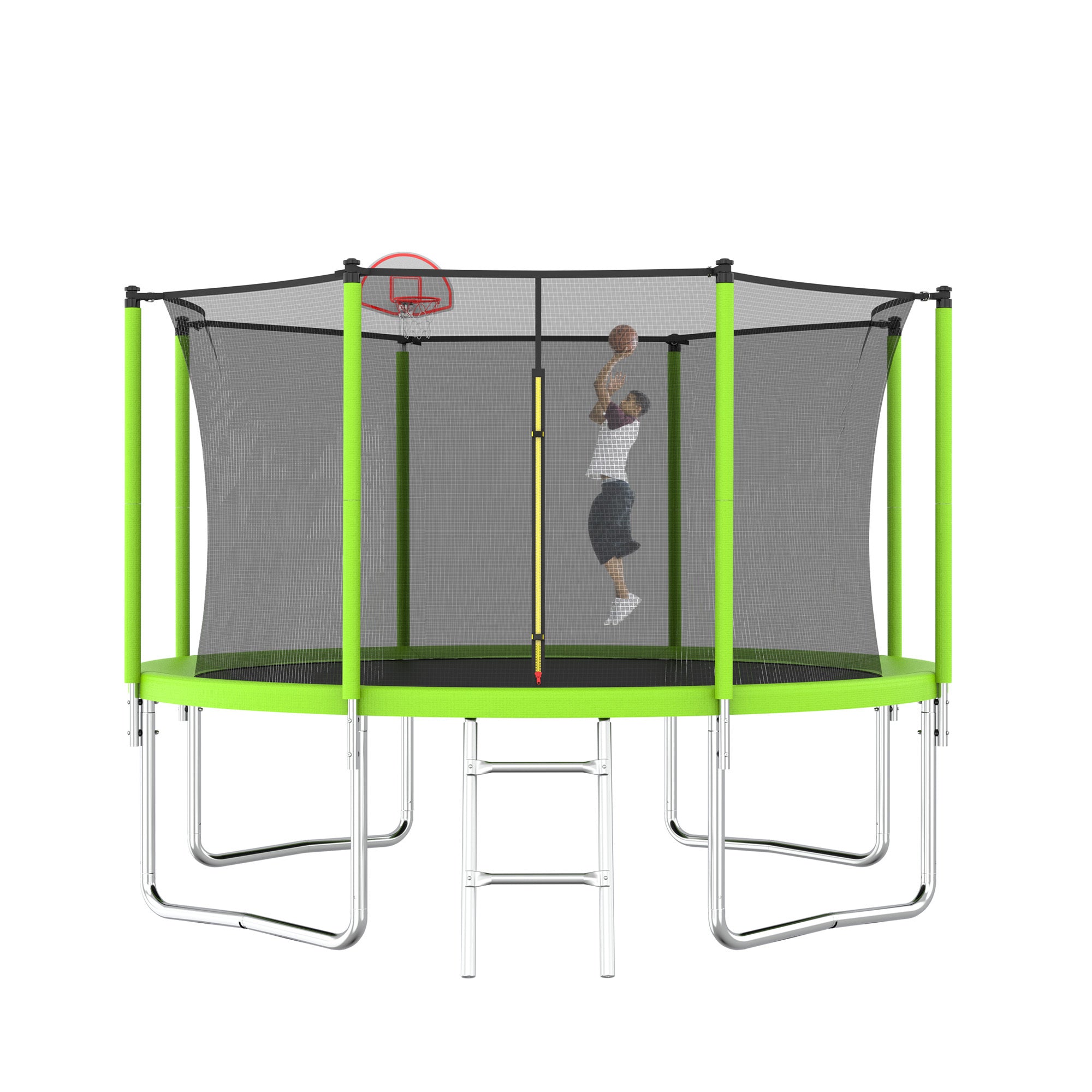 12FT Trampoline with Safety Enclosure - Green Outdoor Trampoline for Kids & Adults, Includes Basketball Hoop & Ball - Perfect for Backyard Fun, Exercise, and Family Recreation