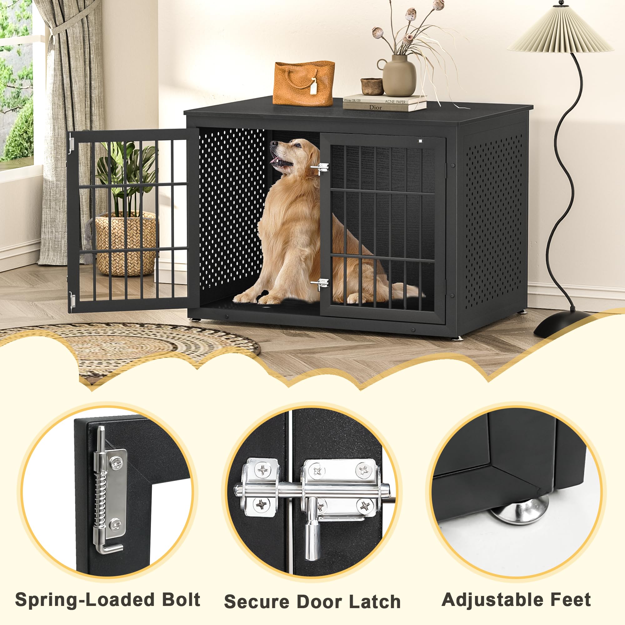 Heavy Duty Dog Crate Furniture for Large & Medium Dogs - Indestructible Metal Kennel for Anxious Pets - Wooden Cage Kennel End Table with Decorative Design (Black) | Perfect for Living Room, Bedroom & Home Office Use