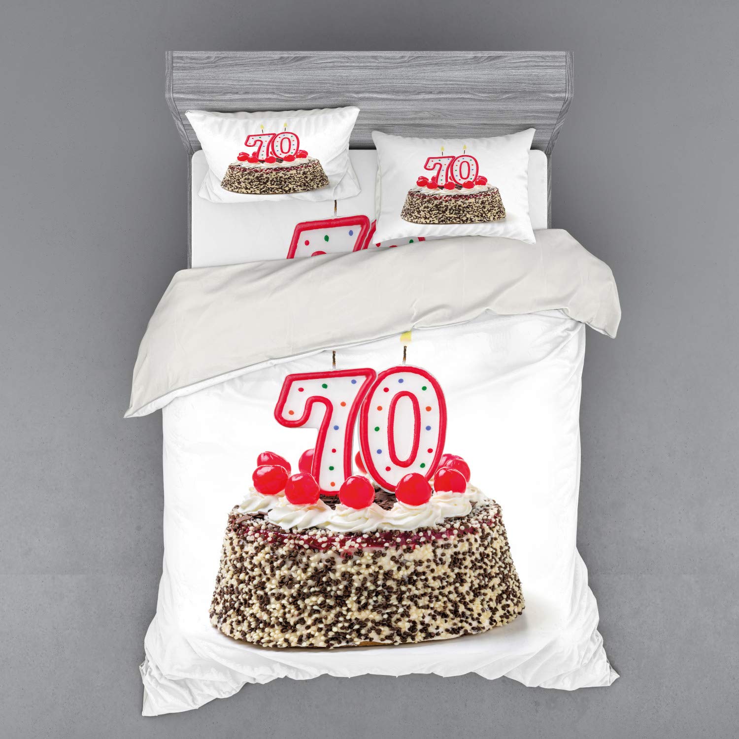 Ambesonne 70th Birthday Bedding Set - Queen Size 4-Piece Duvet Cover with Shams & Fitted Sheet - Fun Birthday Cake with 70 Candles & Sprinkles Design - Perfect for Milestone Celebrations & Party Decorations