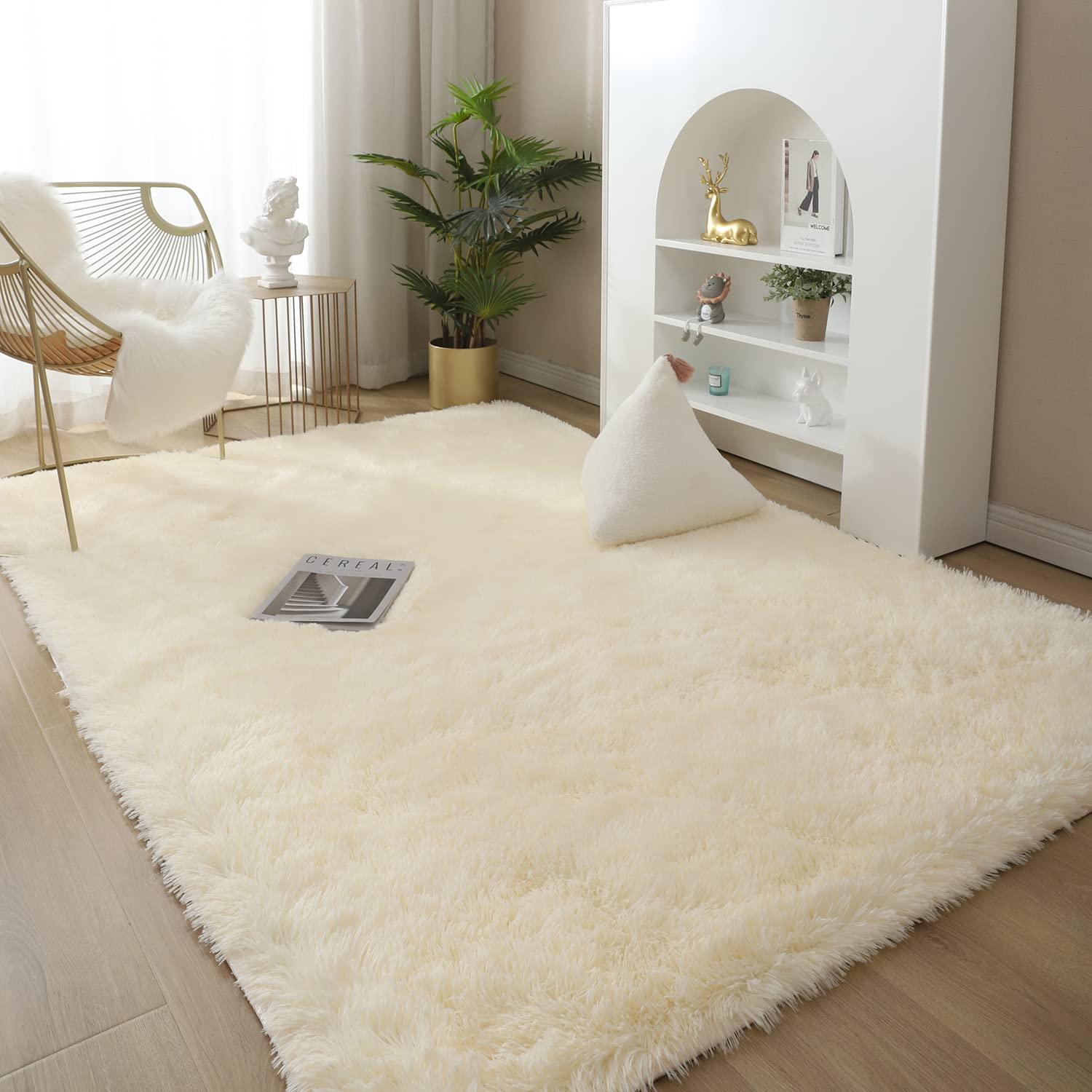 Modern Super Soft Fluffy Non-Slip Area Rug - Plush Luxury Indoor Carpet for Living Room, Bedroom, Nursery - Home Decor (Beige, 4'x5.3') - Perfect for Cozy Living Spaces, Kids Play Areas & Stylish Home Interiors