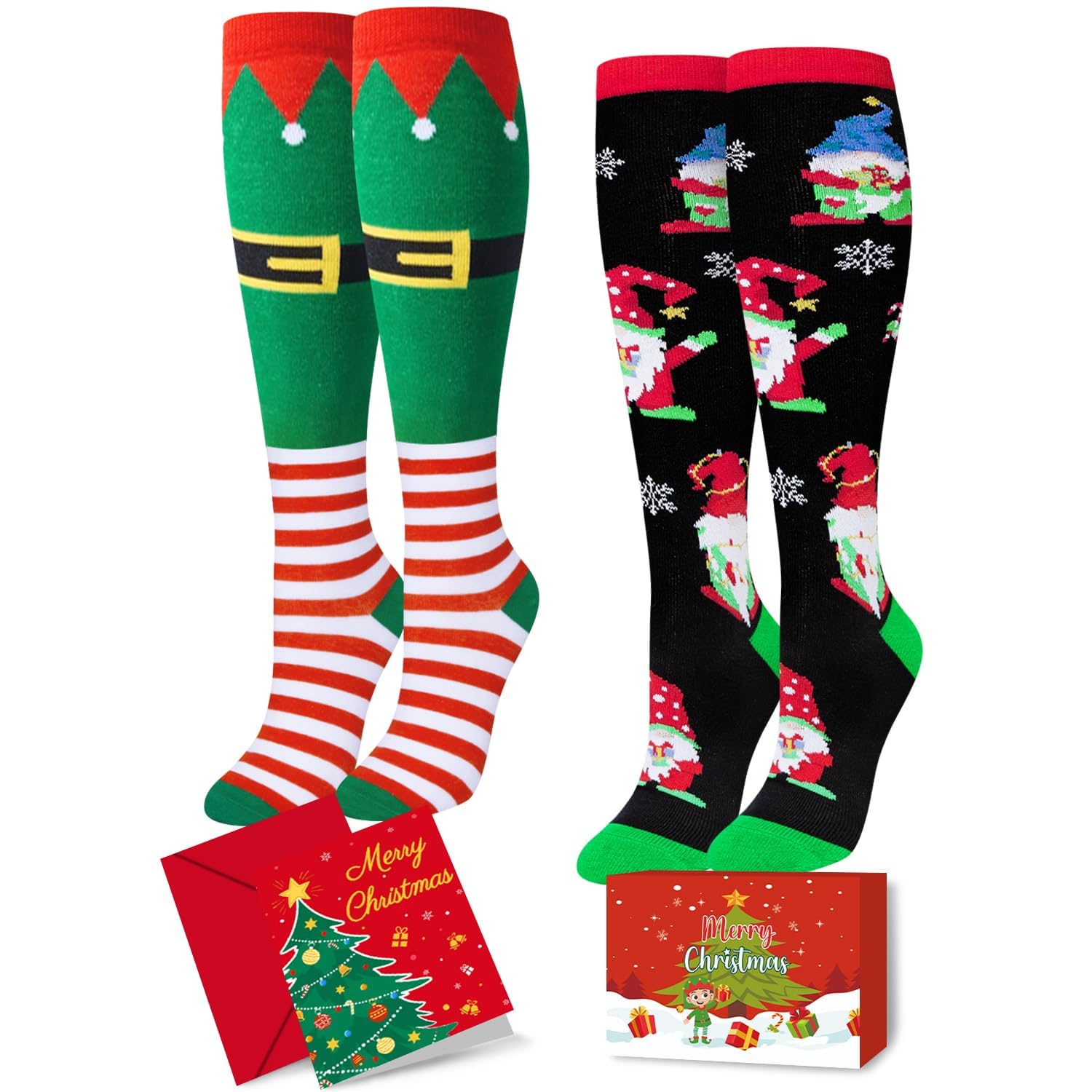 **HAPPYPOP Christmas Stocking Socks for Girls - Festive Gnome & Elf Knee Socks for Kids - Perfect for Secret Santa Gifts, Holiday Parties & Cozy Winter Outfits**