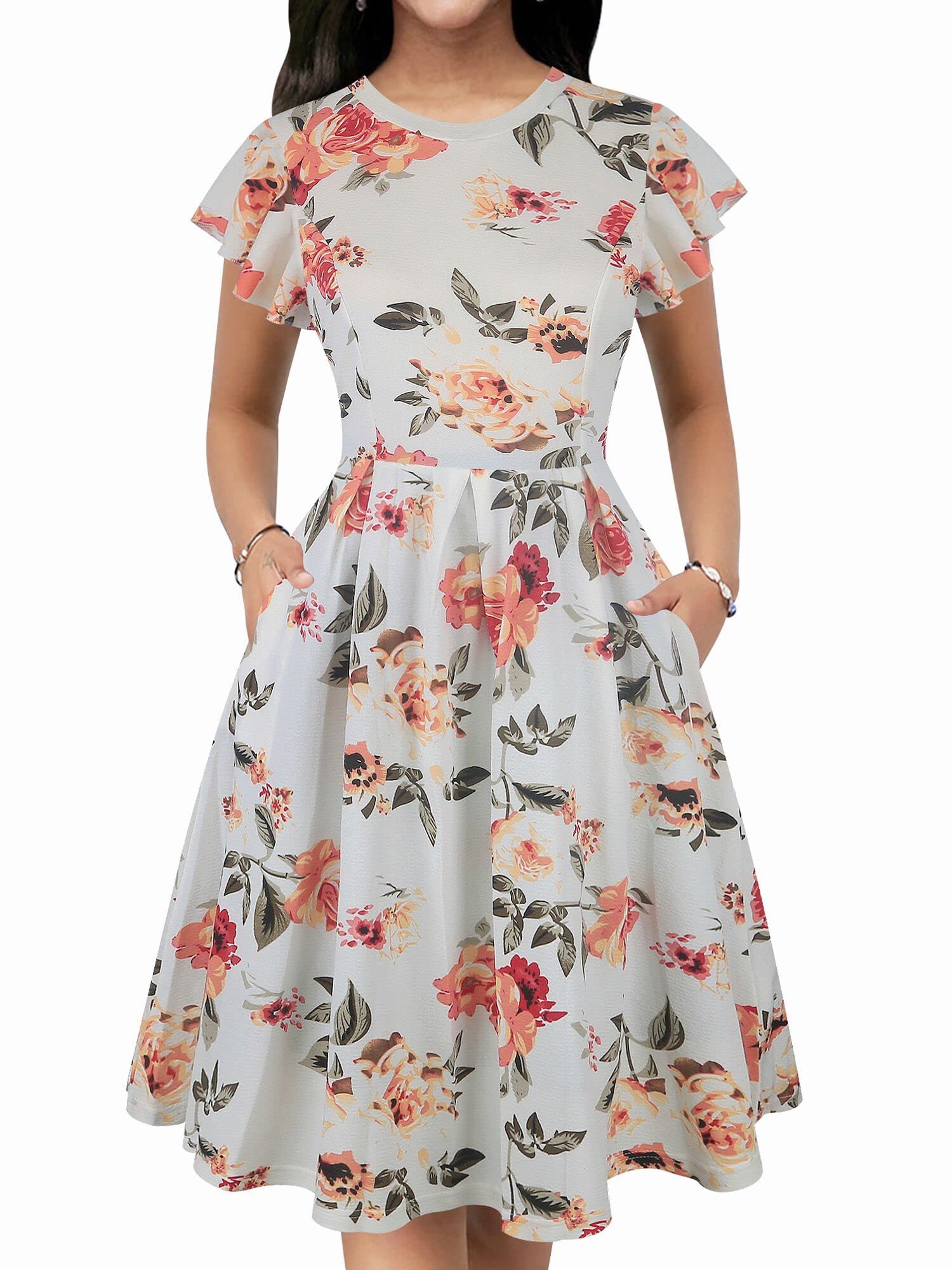 Oxiuly Women's Vintage Flare Sleeve Scoop Neck Church Dress with Pockets - Elegant Cocktail Party Dress for Wedding, Easter, Sunday Service & Special Occasions