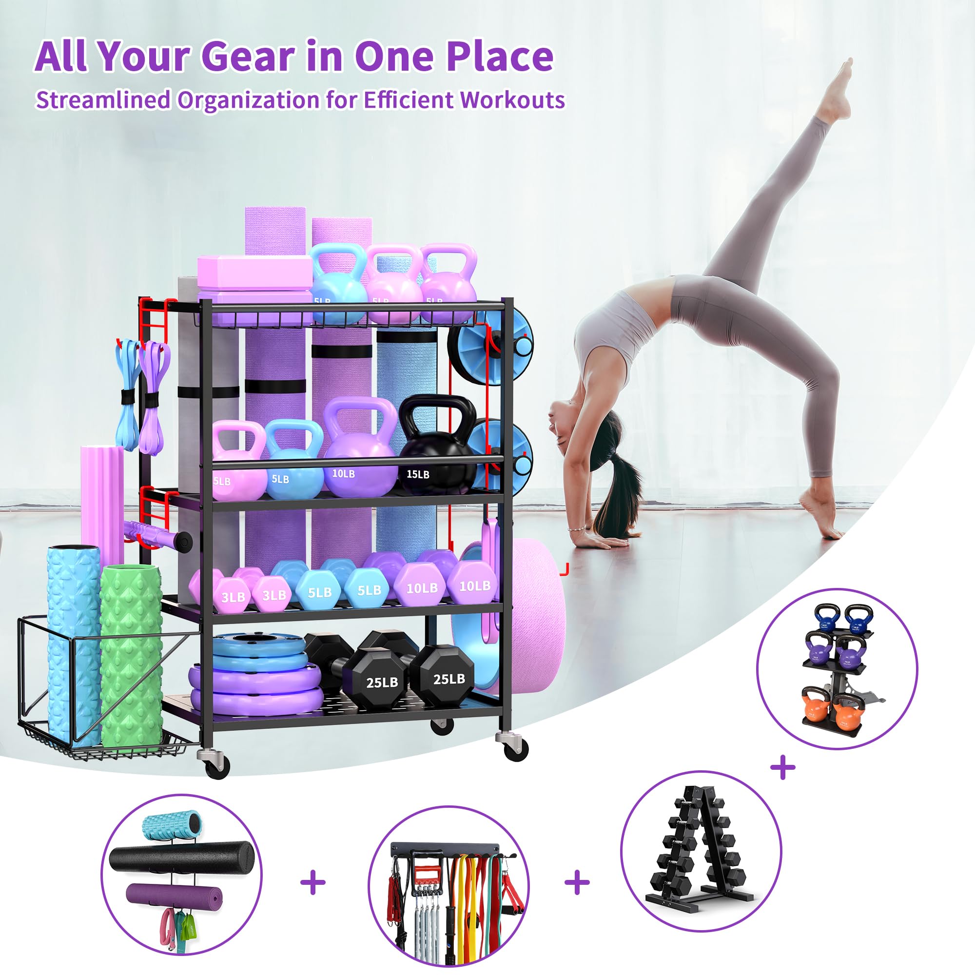 Heavy Duty Dumbbell Rack - 650LBS Capacity Metal Weight Stand for Home Gym with Lockable Wheels & Adjustable Hooks - Perfect for Storing Dumbbells, Kettlebells, Yoga Mats, Foam Rollers & Resistance Bands - Ideal for Home Workouts, Garage Gyms & Fitness Studios
