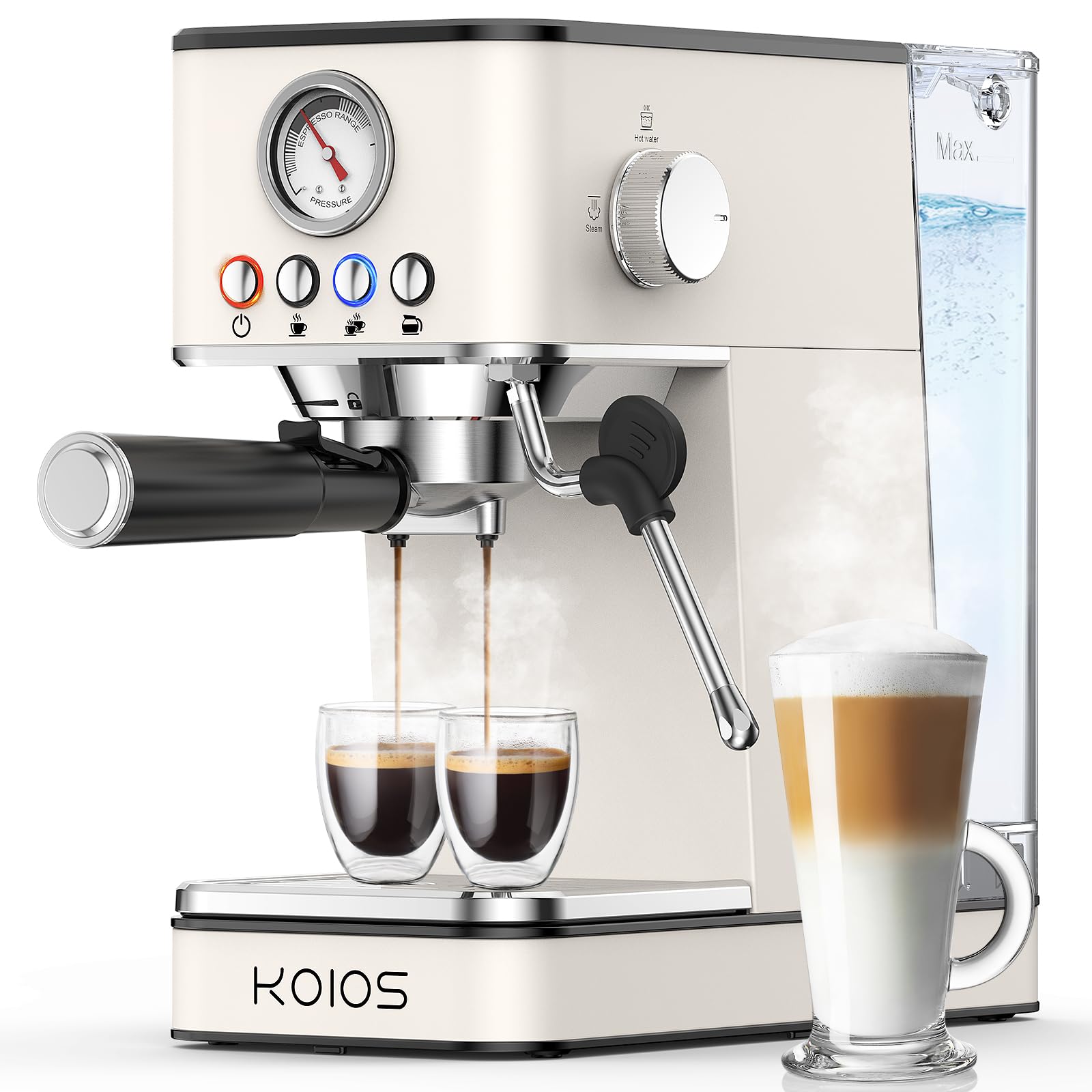 KOIOS 20 Bar Espresso Machine with Milk Frother - Stainless Steel Home Coffee Maker for Cappuccino & Latte - 58oz Removable Water Tank - Perfect for Kitchen, Office & Gifts (White)