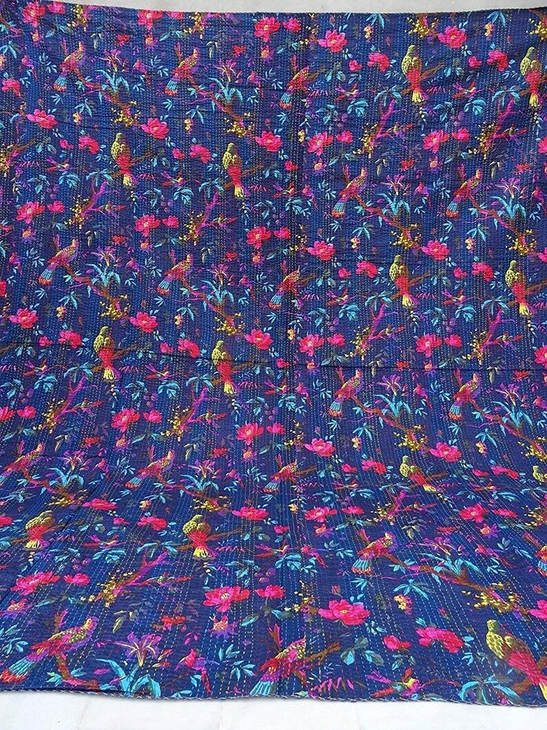 Handmade Indian Blue Bird Print Kantha Quilt - 100% Cotton Reversible Tribal Bedspread (90
