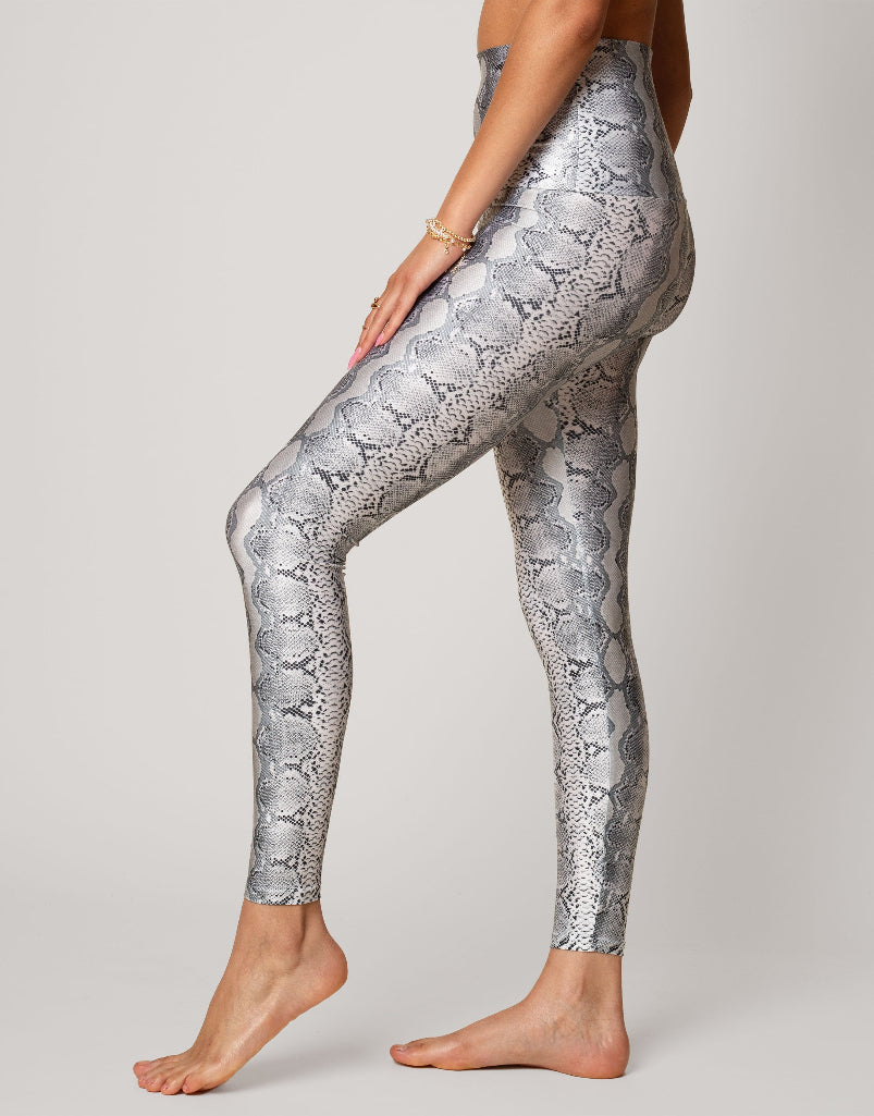 Women's High Waist White Python Print Leggings - Stretchy Yoga Pants for Workout, Gym & Casual Wear