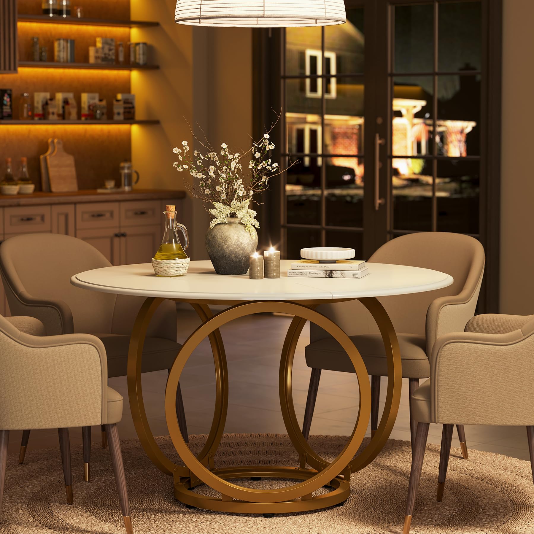 Modern White Round Dining Table for 4 - 47 Inch Kitchen Table with Gold Metal Base | Perfect for Small Spaces, Breakfast Nooks & Contemporary Dining Rooms