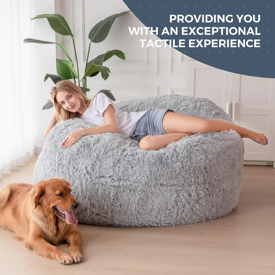MAXYOYO Faux Fur Bean Bag Chair - Convertible Velvet Floor Bed with Removable Cover, Grey | Cozy Lounge Chair for Bedroom, Living Room & Game Room