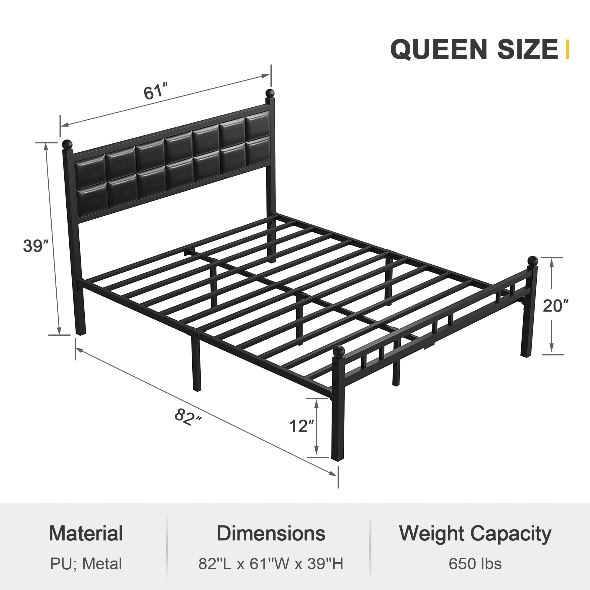 VECELO Queen Size Bed Frame with PU Upholstered Headboard - Heavy Duty Metal Platform Bed with 12 Inch Under Bed Storage, No Box Spring Needed, Black - Perfect for Small Bedrooms, Guest Rooms & Modern Apartments
