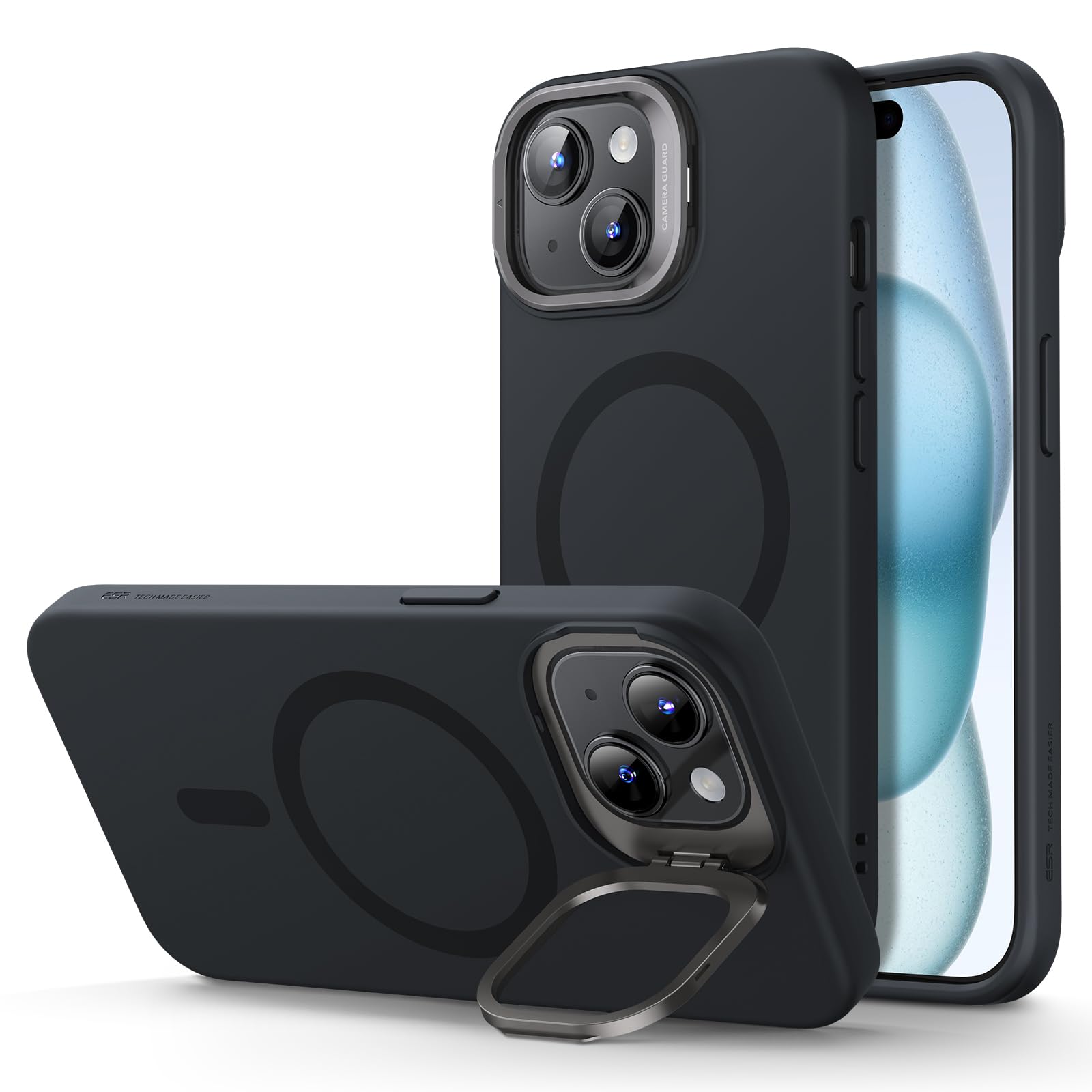 ESR MagSafe Silicone Case for iPhone 15 with Stand - Military-Grade Protection & Built-in Camera Stash | Magnetic Phone Cover for iPhone 15 (Cloud Series, Black) - Perfect for Work, Travel & Everyday Use