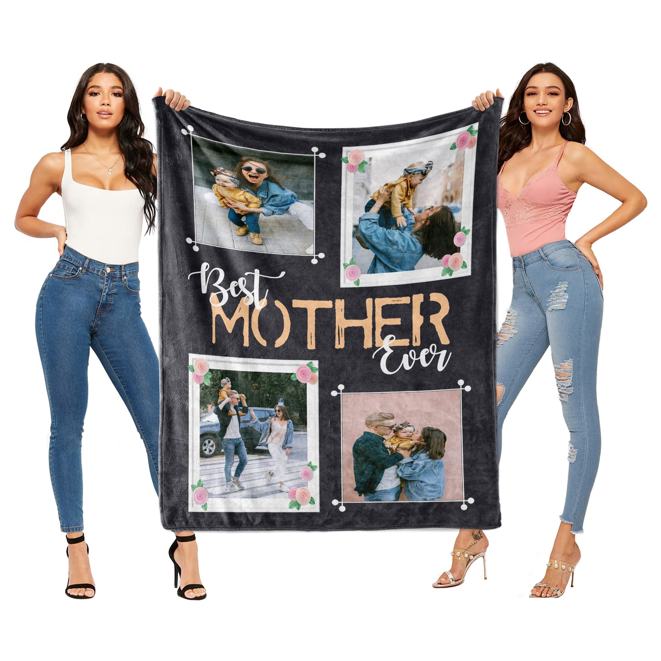 Personalized Mother's Day Blanket - Custom Flannel Photo Blanket with 4 Pictures for Mom, Grandma - 50x40 Inch Soft Throw Blanket - Perfect Birthday, Christmas Gift for Women, Family - Cozy Home Decor, Couch, Bed Use