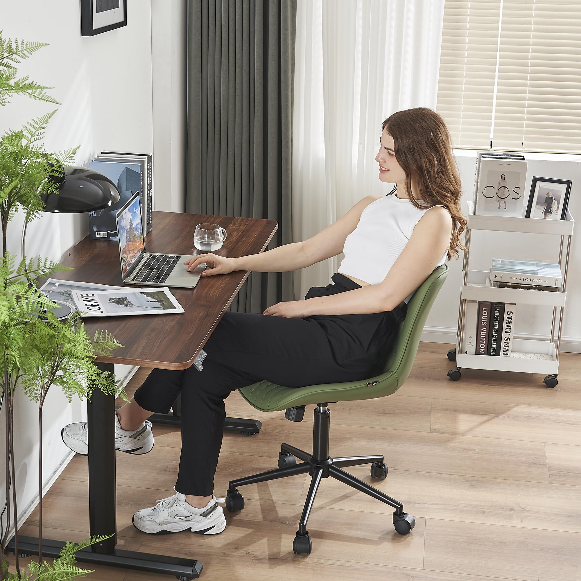 YOUNIKE Modern Armless Office Chair - PU Leather Upholstered Adjustable Swivel Desk Chair with Wheels for Home & Computer Work - Dark Green - Perfect for Small Spaces, Gaming & Remote Work