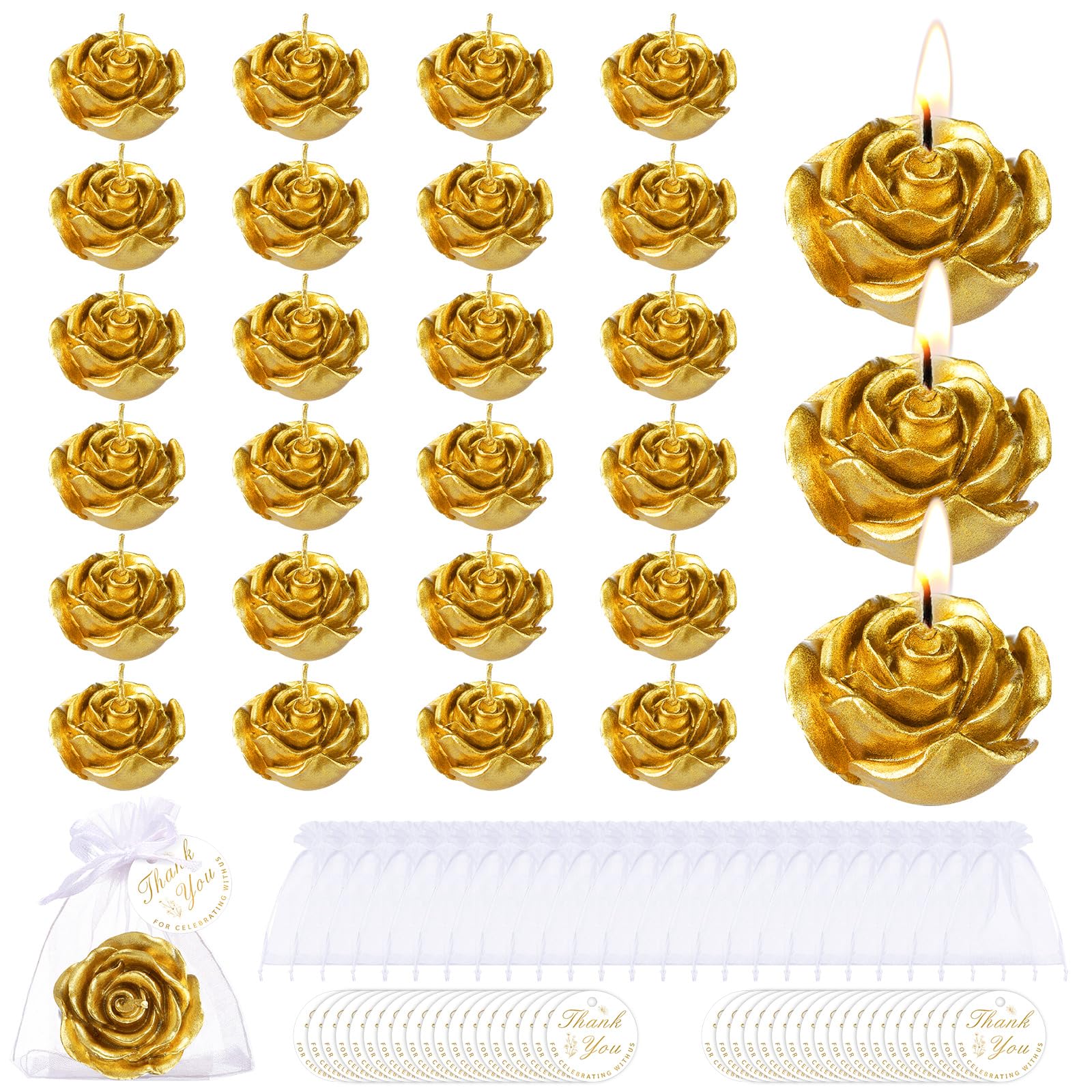 24-Pack Rose Tealight Candles for Wedding Favors & Parties - Gold Mini Floral Candles for Birthdays, Showers, Housewarming