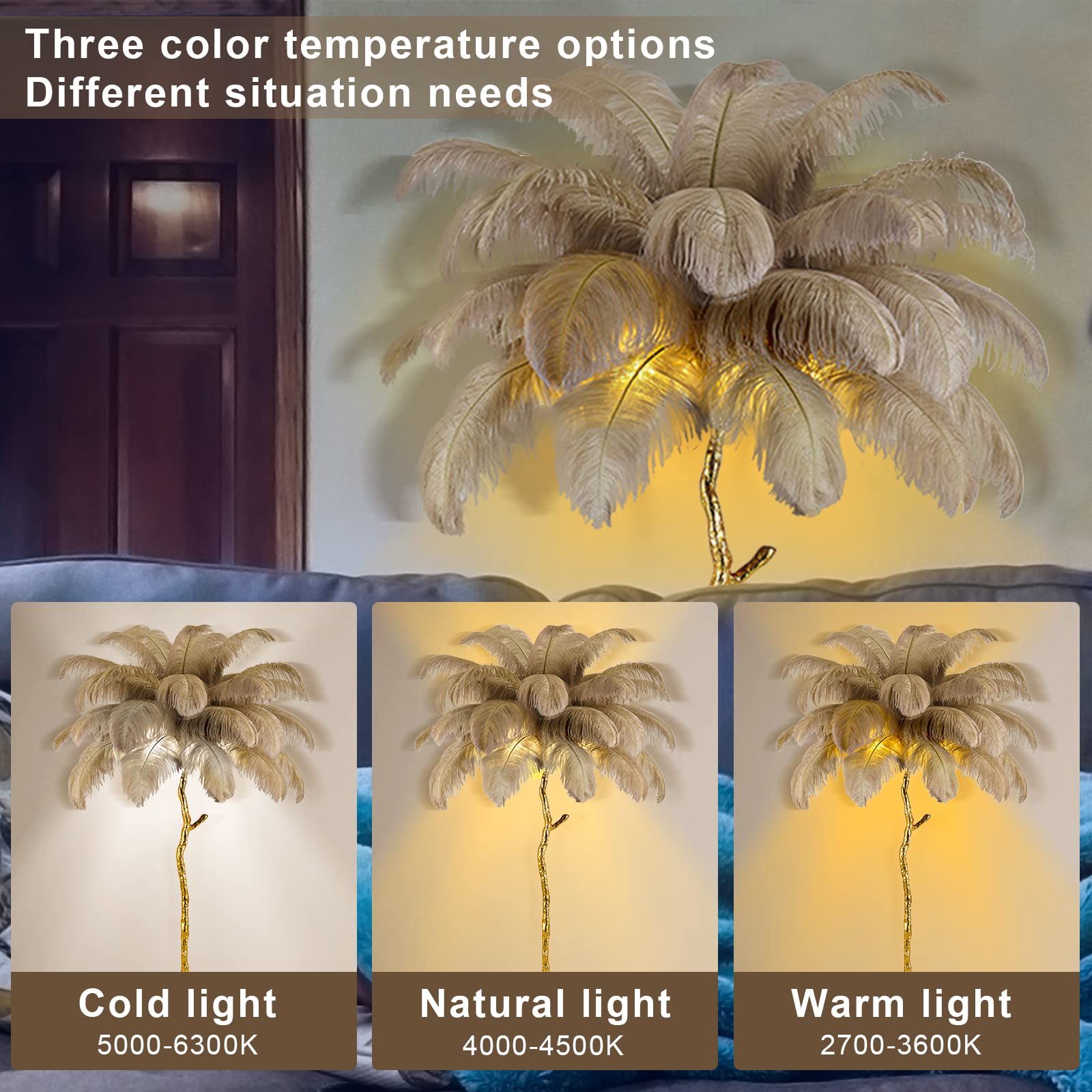 Natural Ostrich Feather Floor Lamp - Modern LED Dimmable Standing Light for Bedroom, Living Room & Office | 47-inch Tall Corner Lamp with Romantic Ambience | Perfect for Reading, Dining & Home Decor (Brown)