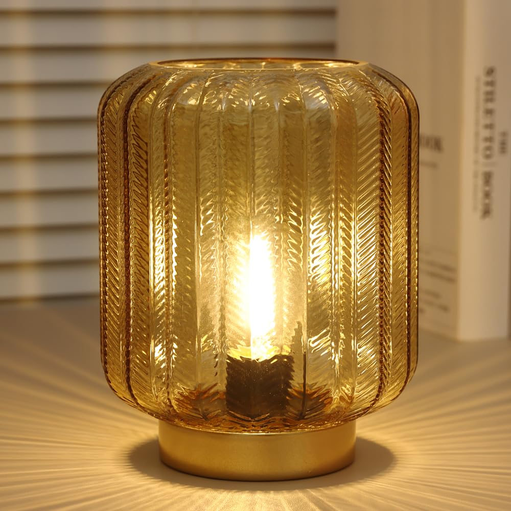 Modern Battery Operated Table Lamp - Gold Glass LED Decorative Lighting for Living Room, Bedroom, Office & Nightstand - Perfect for Reading, Relaxing & Home Decor