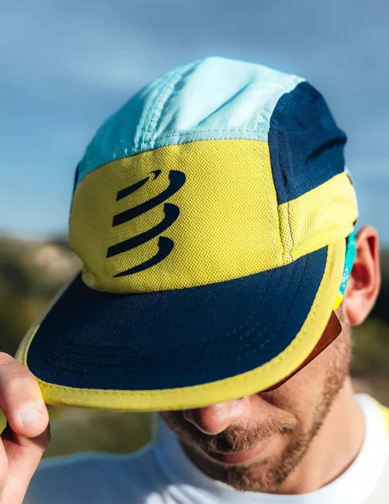 Compressport Unisex 5-Panel Lightweight Running Cap - Eggshell Blue/Green Sheen/Dress Blues - Perfect for Jogging, Hiking & Outdoor Sports