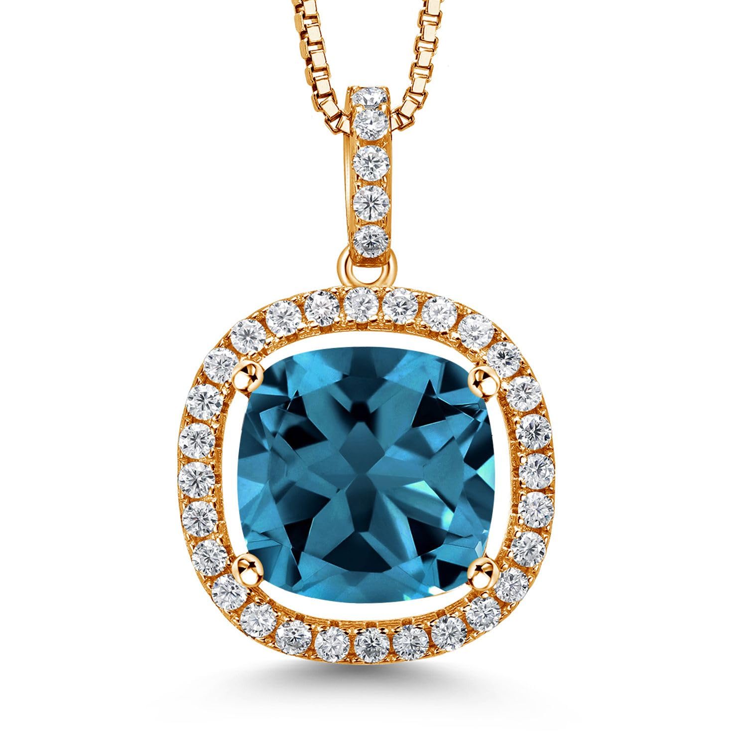 Gem Stone King 18K Yellow Gold Plated Silver 12MM Cushion Cut Birthstone & White Moissanite Halo Pendant Necklace for Women | 18 Inch Sterling Silver Chain | Perfect Gift for Birthday, Anniversary & Special Occasions
