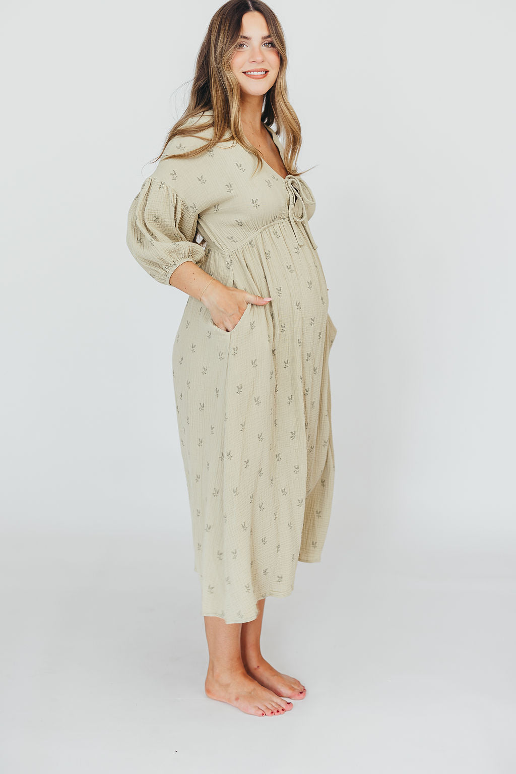 Hunter 100% Cotton Gauze Midi Dress in Thyme/Sage Foliage - Bump Friendly & Inclusive Sizing (XS-3XL) | Breathable Summer Dress for Maternity, Beach, and Casual Wear