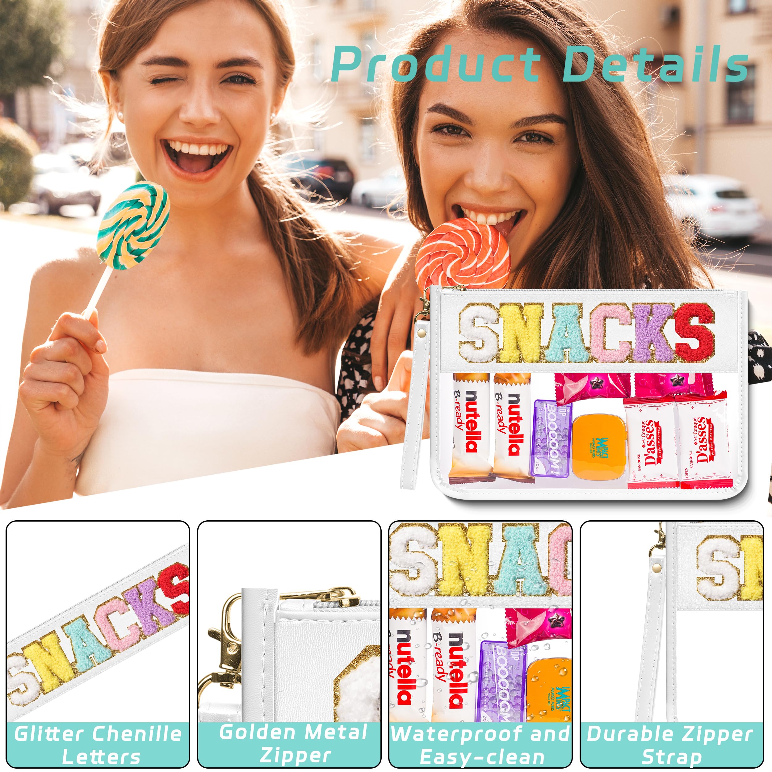 Chenille Letter Clear Zipper Pouch for Travel - Waterproof Nylon Makeup Bag | PVC Cosmetic Organizer | Snack Storage for Women & Girls | Multi-Purpose Clear Travel Accessories (White) - Perfect for Airplane, Gym, Beach & Daily Essentials