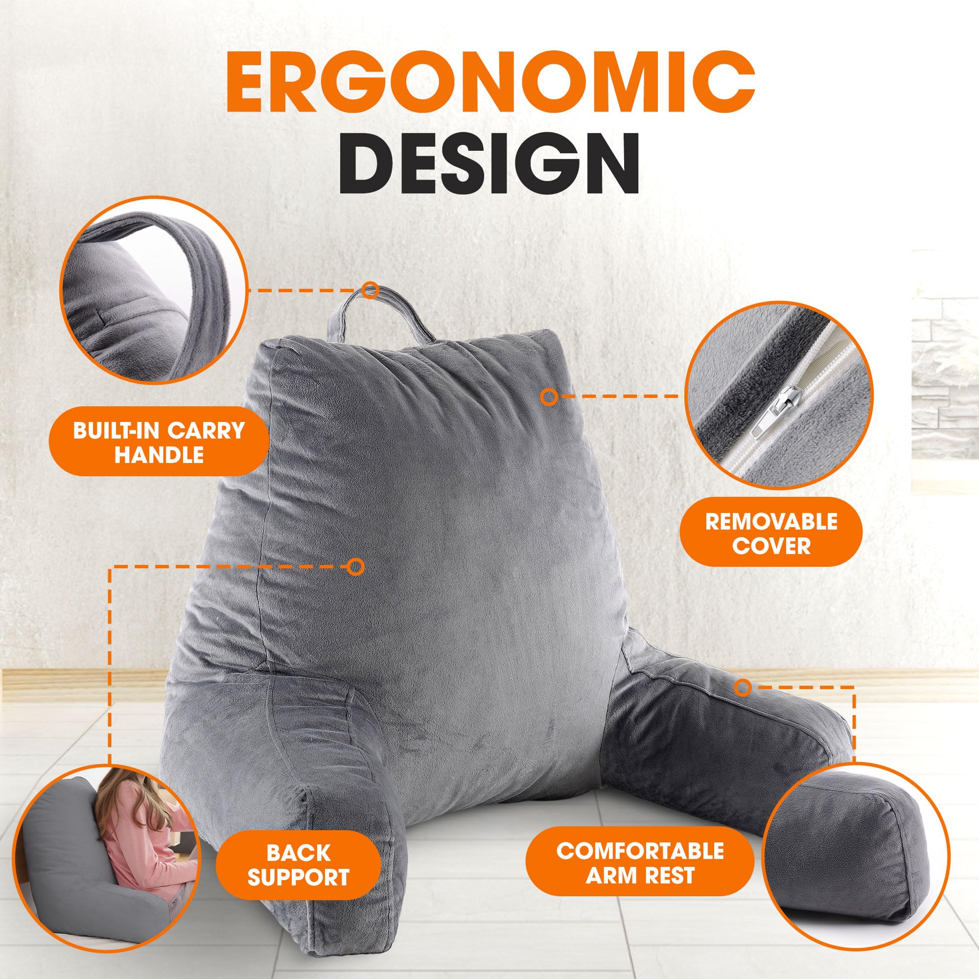 Cheer Collection Reading Pillow with Arms - Portable Bed Pillow for Sitting Up & Back Support | Hollow Fiber-Filled Backrest for Bed, Couch & Floor | Machine Washable Gray Pillow | Perfect for Reading, Watching TV & Relaxing