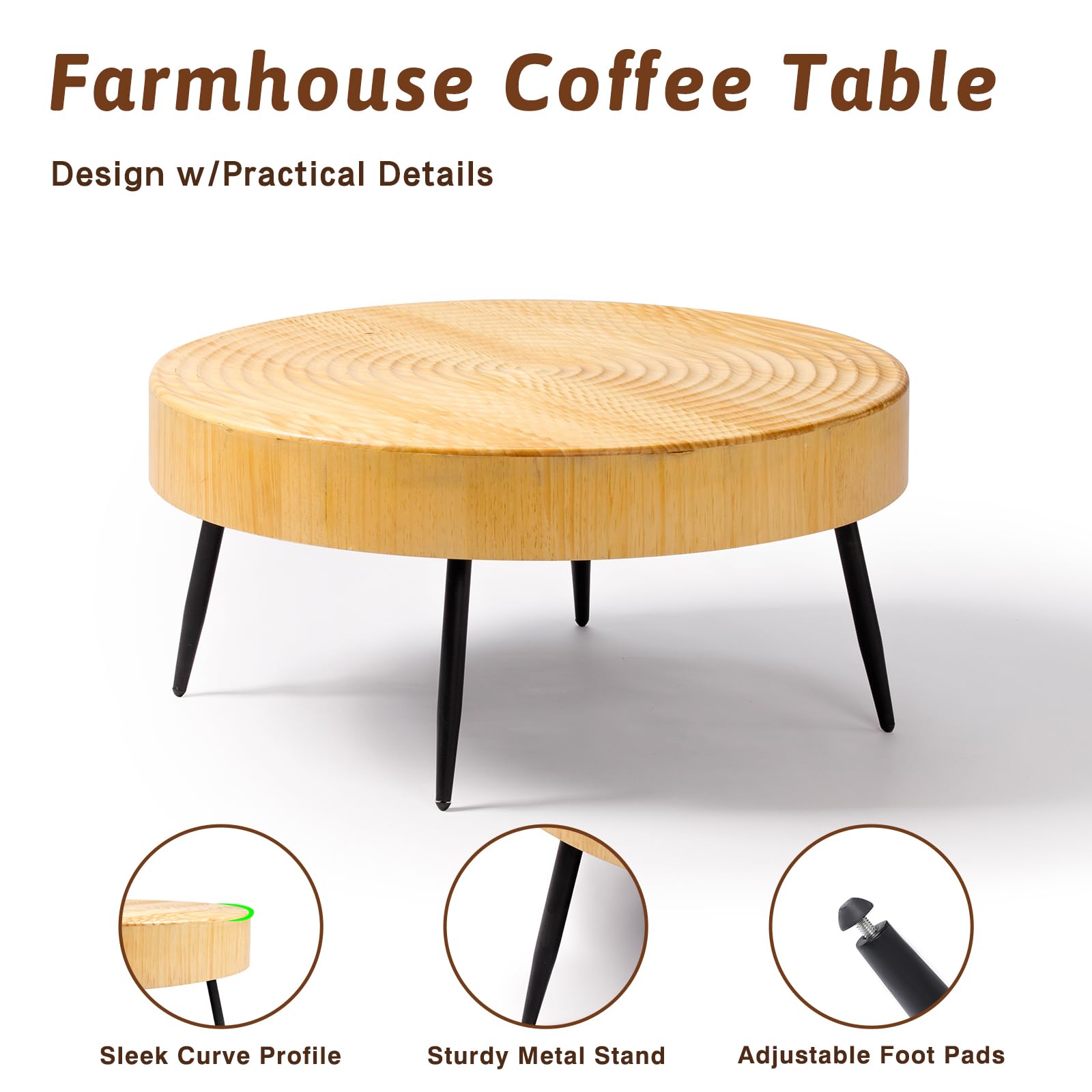 FIDROOM Round Wood Coffee Table Set of 2 - Farmhouse Nesting Tables with Fluted Finish, Boho Circle Center Table for Living Room, Tiny Home, Apartment - Perfect for Small Spaces, Coffee Time & Home Decor (Ring Pattern)
