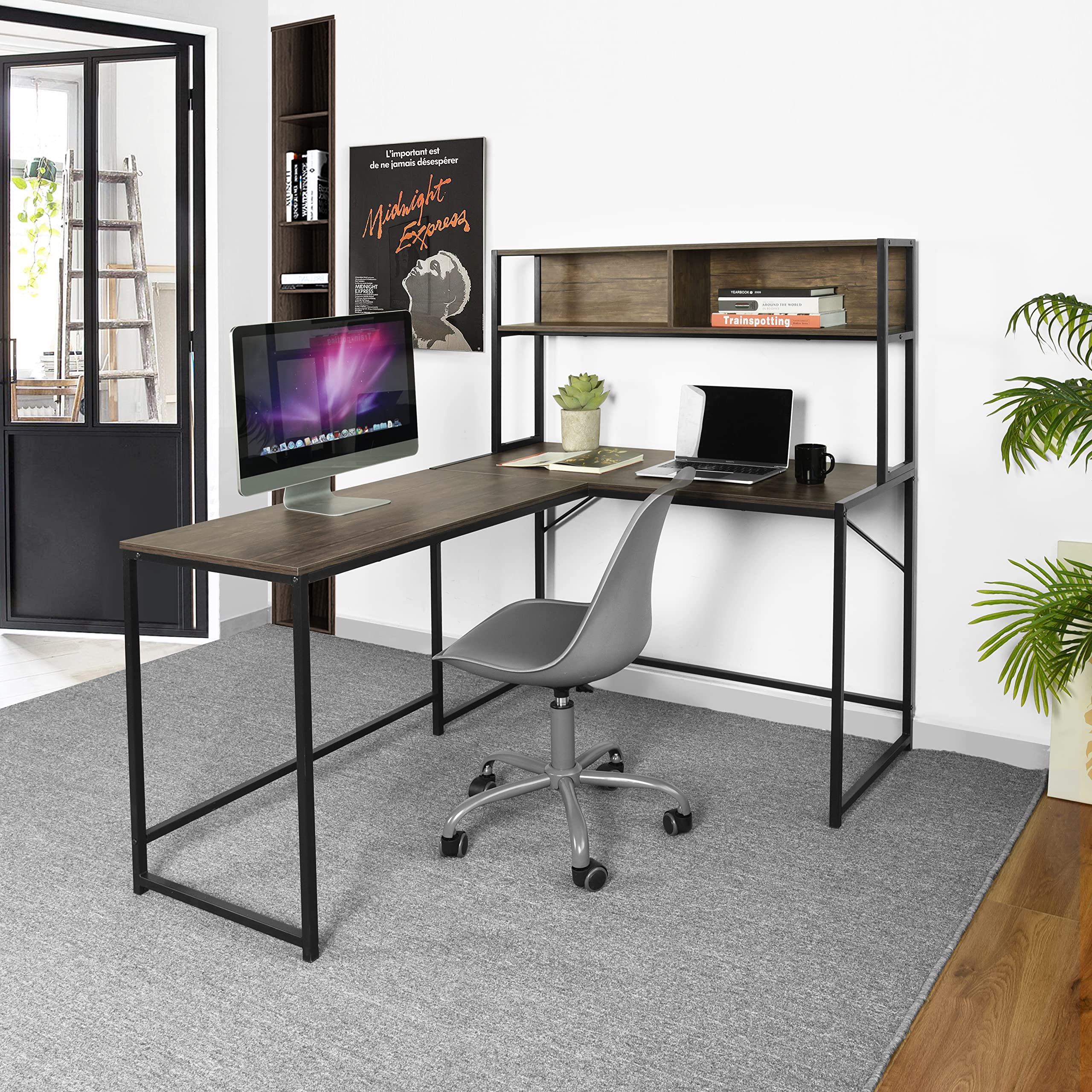 Industrial L-Shaped Computer Desk with Hutch & Storage Shelves - 53