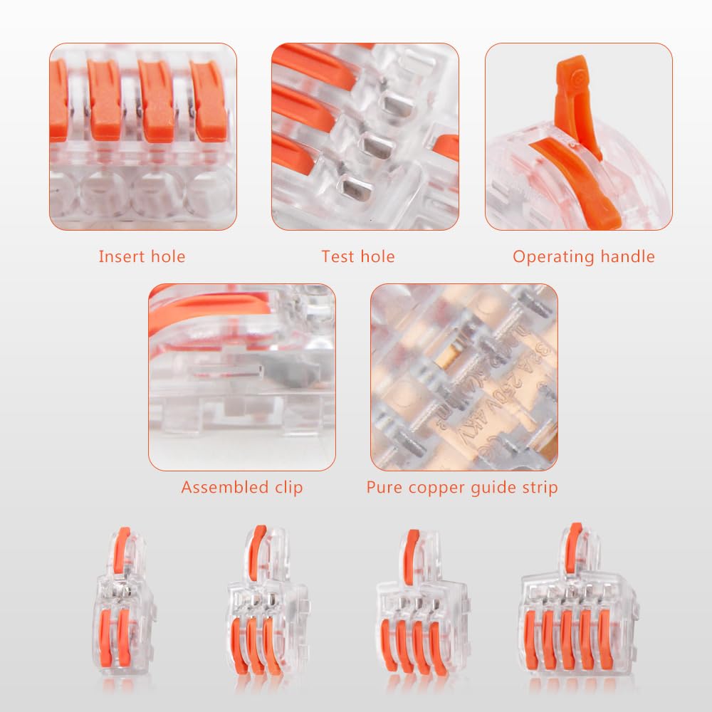 1 in 2 Out Lever Wire Connectors - 25 Pcs Transparent Shell with Orange Handle Splicing Connectors Kit for Electrical Wiring | DIY Home Projects, Automotive Repairs & Industrial Applications