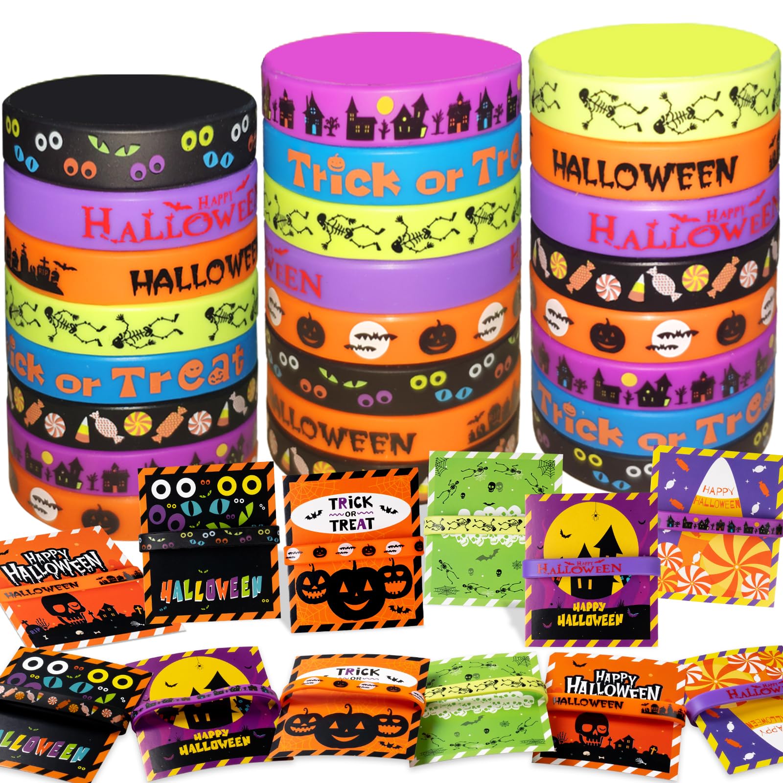 GuassLee 40pcs Halloween Party Favors for Kids - Silicone Rubber Bracelets & Cards Set, Trick or Treat Gifts, Halloween Giveaways & Goodie Bag Fillers - Perfect for Classroom Parties, Costume Events & Neighborhood Halloween Fun