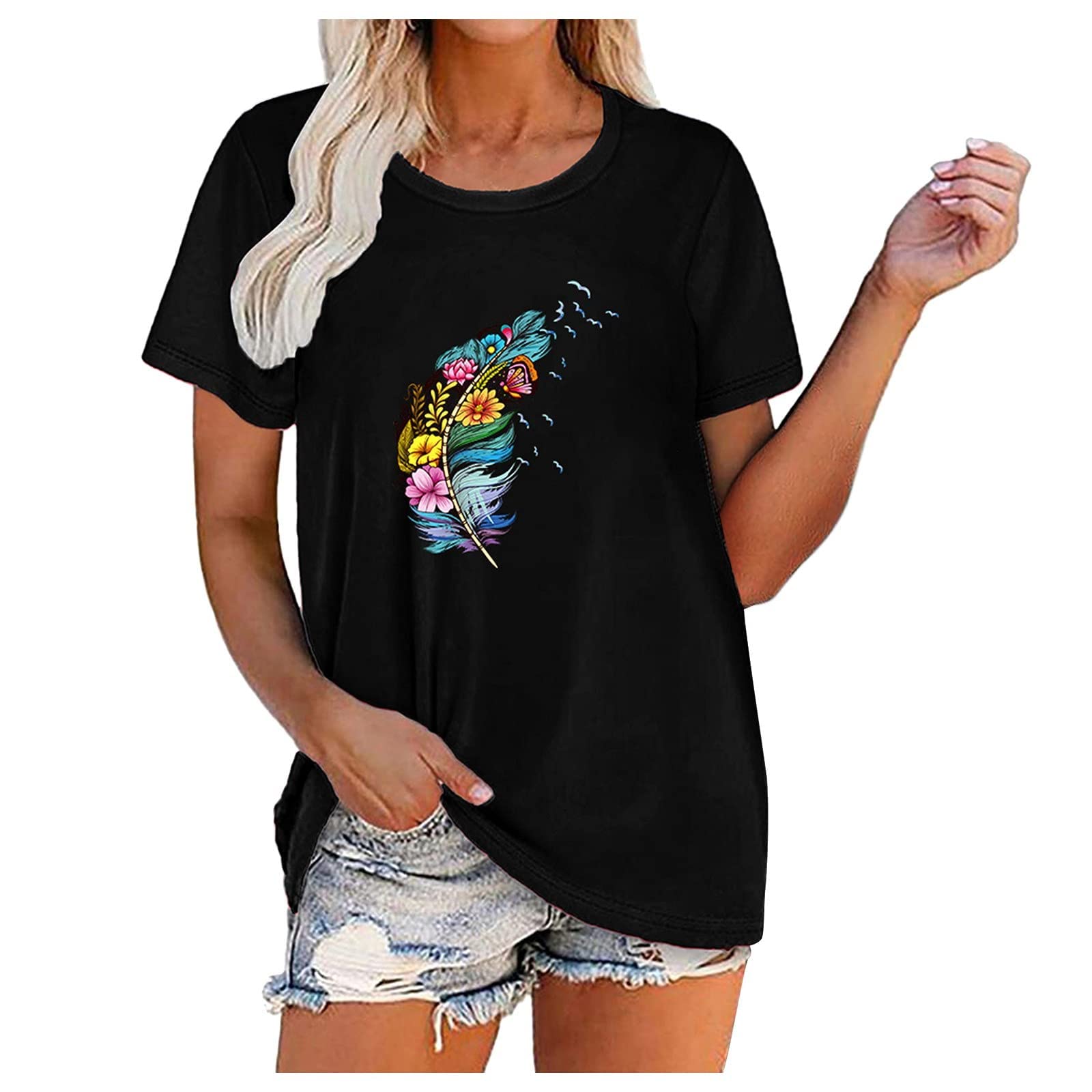 Women's Summer Feather Print Short Sleeve T-Shirt - Loose Fit Casual Graphic Top for Juniors | Perfect for Beach Outings, Date Nights & Summer Vacations