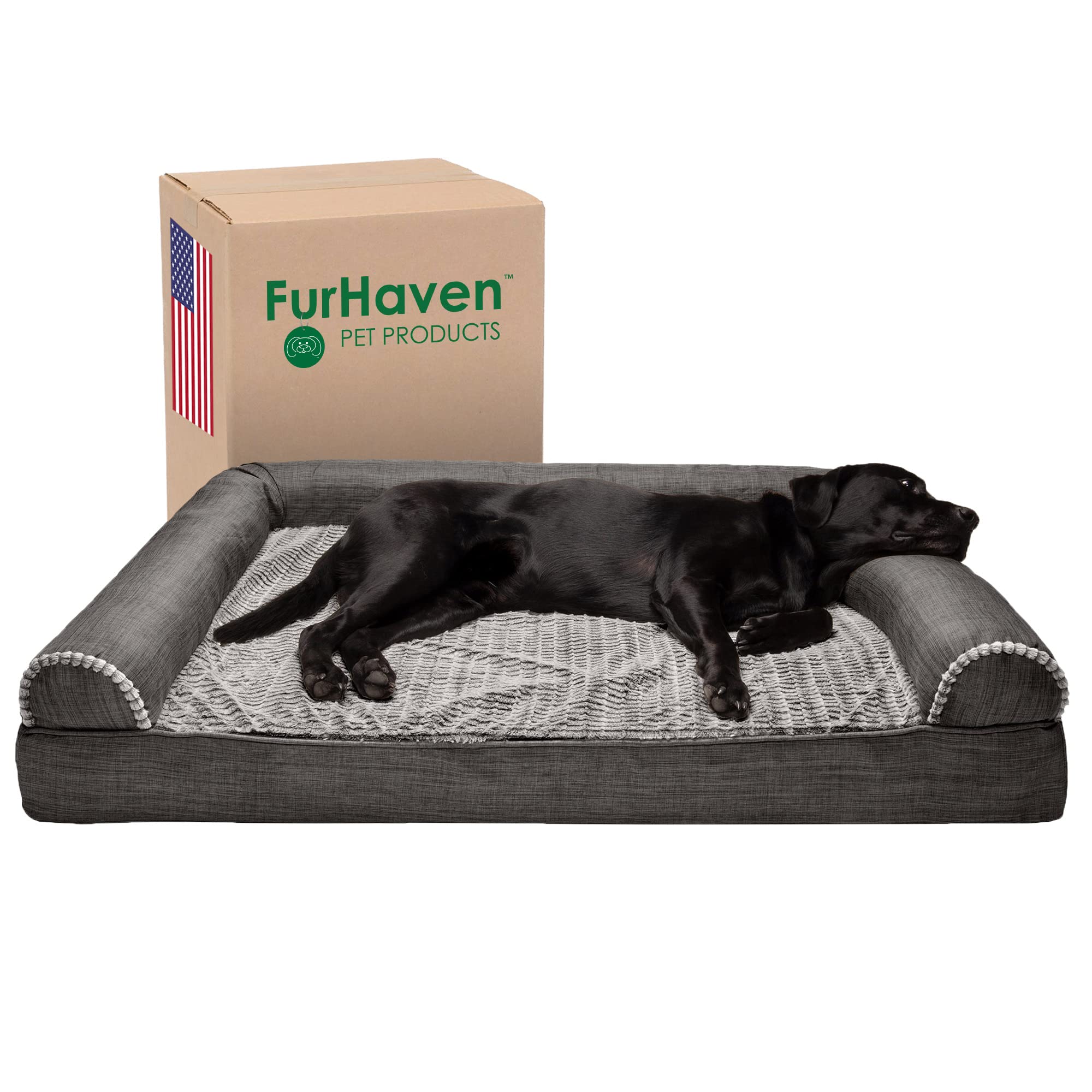 **Furhaven Orthopedic Dog Bed for Large Dogs - XXL Washable Sofa Bed with Removable Bolsters, Supports Up to 125 lbs - Luxe Faux Fur & Linen Cover (Charcoal) - Perfect for Arthritis, Joint Pain & Crate Training**
