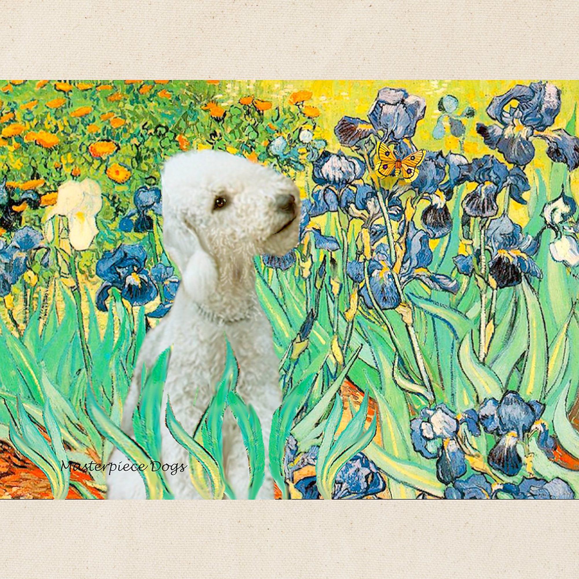 Van Gogh Irises & Bedlington Terrier Print Natural Canvas Tote Bag - Eco-Friendly Reusable Grocery Shopping Bag for Women, Beach, Farmers Market & Daily Use