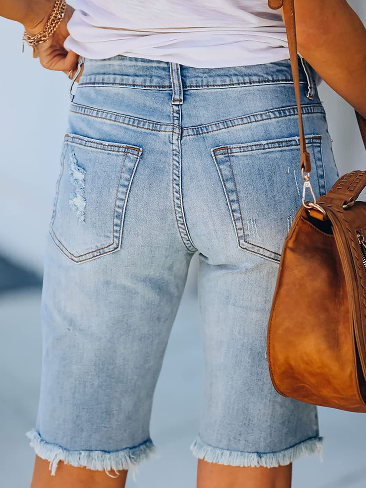 Govc Women's High Rise Ripped Stretchy Denim Bermuda Jean Shorts - Frayed Raw Hem Distressed Denim Shorts for Summer Casual Outfits & Beach Vacations