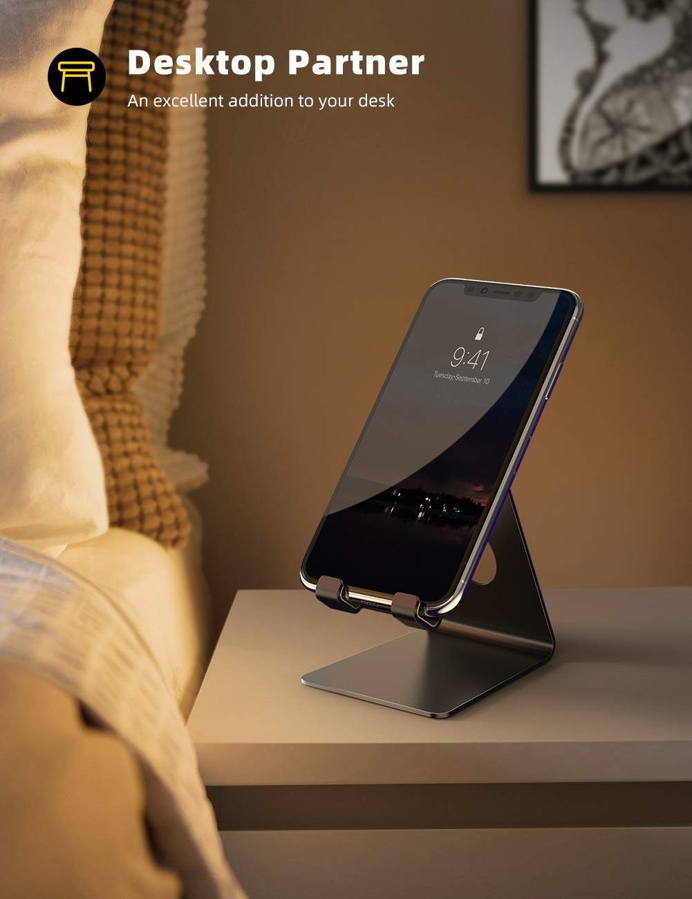 Lamicall Adjustable Cell Phone Stand - Universal Phone Dock, Cradle & Holder for iPhone, Samsung, All Smartphones - Black - Perfect for Office Desk, Home, Car & Video Calls