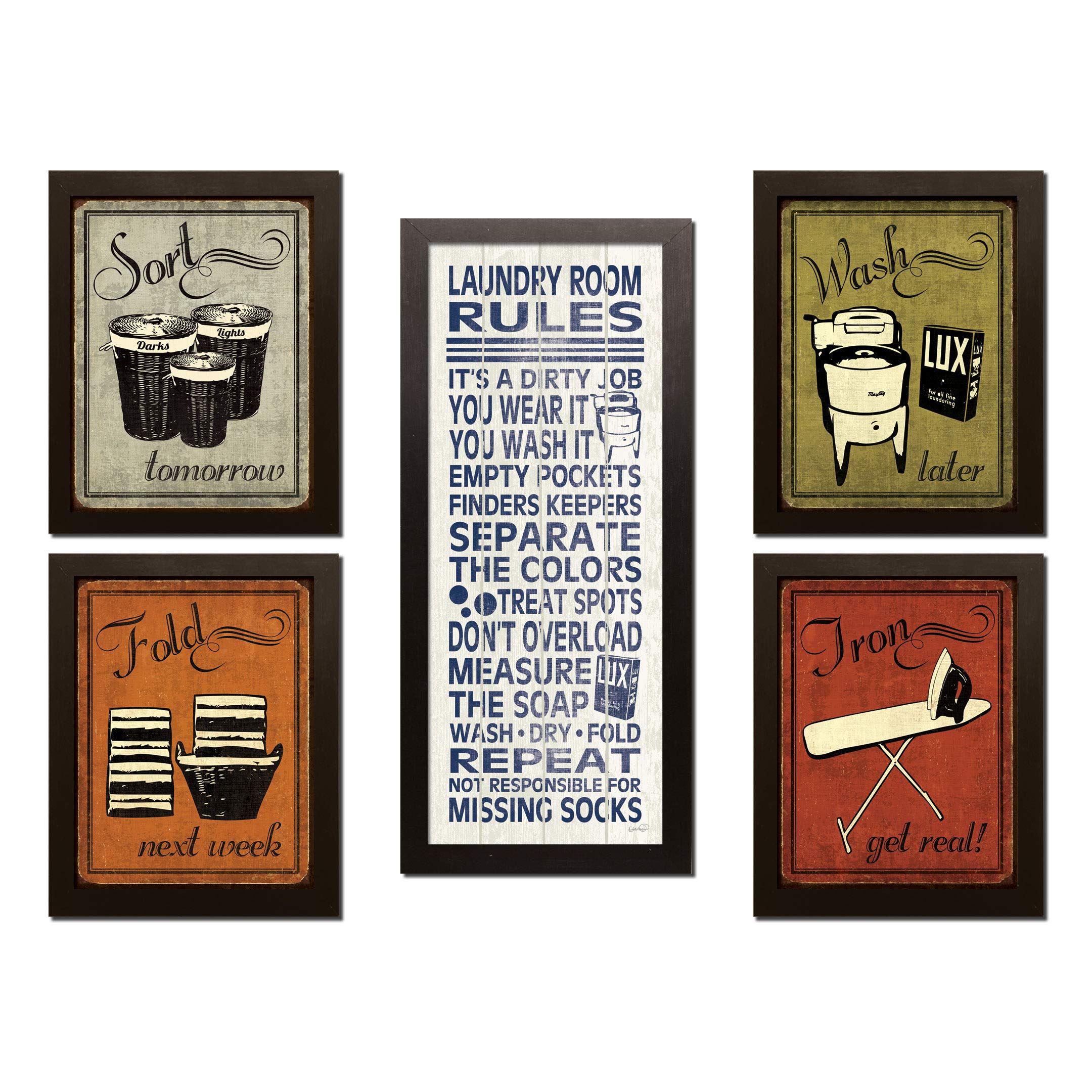 Humorous Laundry Room Rules Sign - Set of 4 (8x10in) & 1 (8x18in) Brown Framed Wall Art Prints - Ready to Hang - Perfect for Laundry Room Decor & Housewarming Gifts