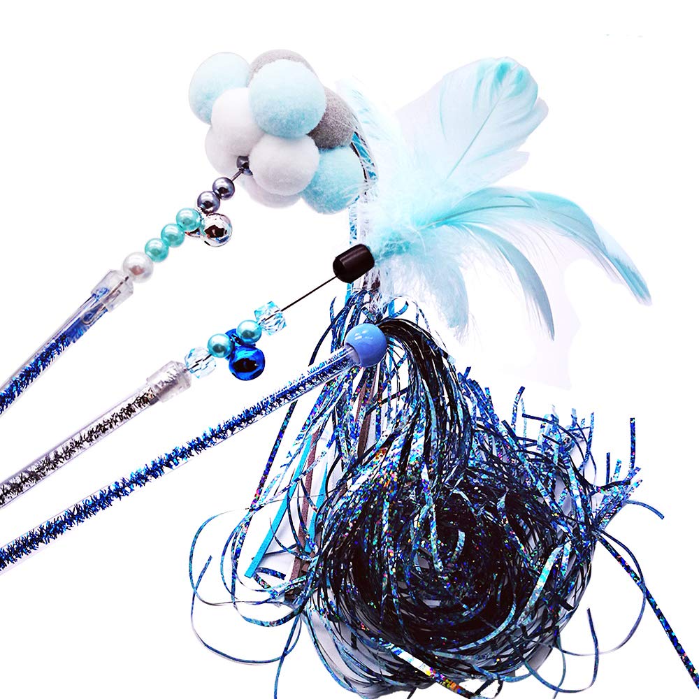 Interactive Cat Wand Toy Set - 3 Pack Blue Feather Teaser for Play & Exercise - Perfect for Indoor Cats, Kittens & Playtime Bonding