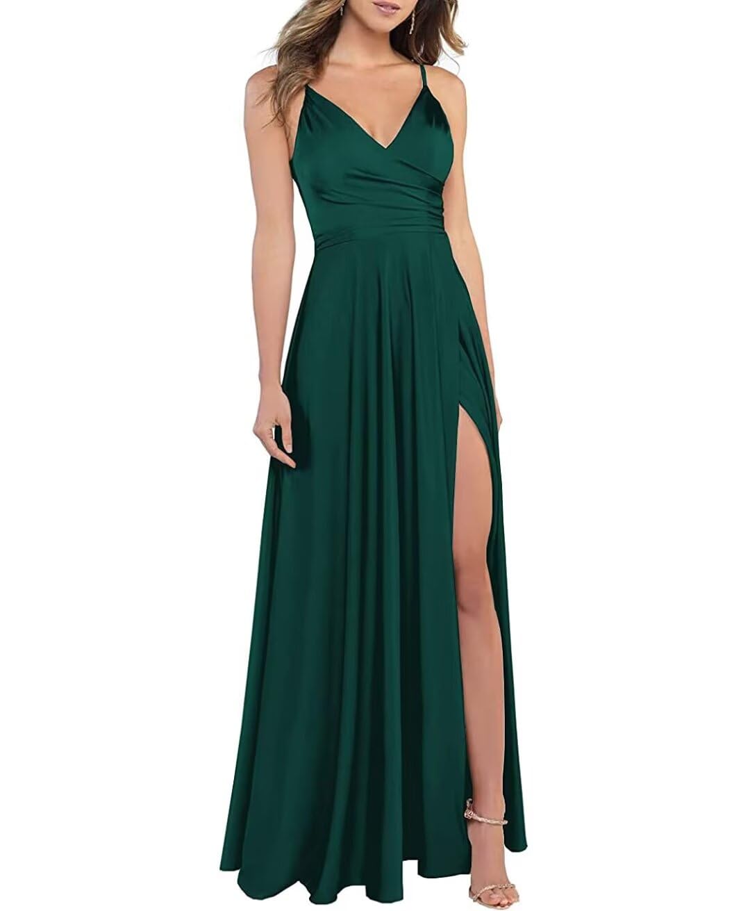 Emerald Green Bridesmaid Dresses Long Satin Formal Gown - Spaghetti Strap V-Neck Slit Evening Dress for Prom, Wedding, Homecoming - Plus Size 16 & Up - Elegant Party Wear for Special Occasions