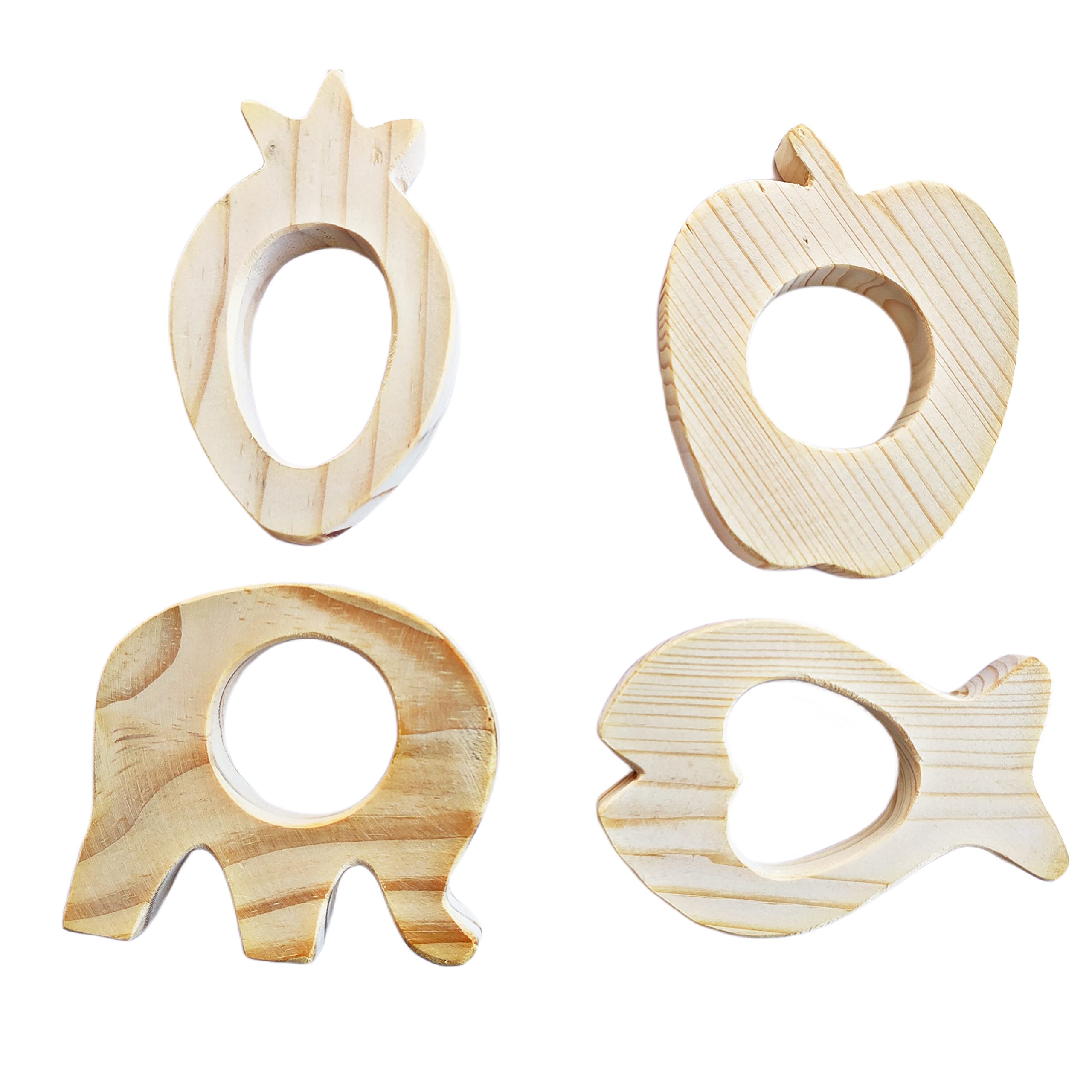 Organic Wooden Teether for Babies 6-12 Months - Natural Neem Wood Teething Toy Set of 4 (Apple, Pineapple, Elephant, Fish Shapes) - Safe & Non-Toxic Infant Teether for Soothing Sore Gums - Perfect Baby Shower Gift & Nursery Essential