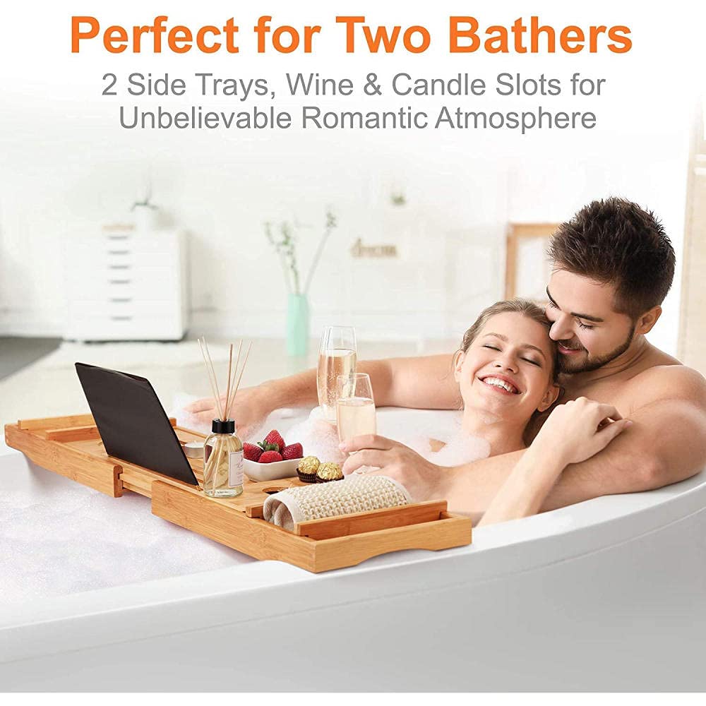 **Retractable Bathtub Caddy Tray - Durable Non-Slip Bath Storage Organizer with Wine Glass Holder, Book Stand & Dish Rack | Perfect for Relaxing Baths, Spa Nights & Reading Time**