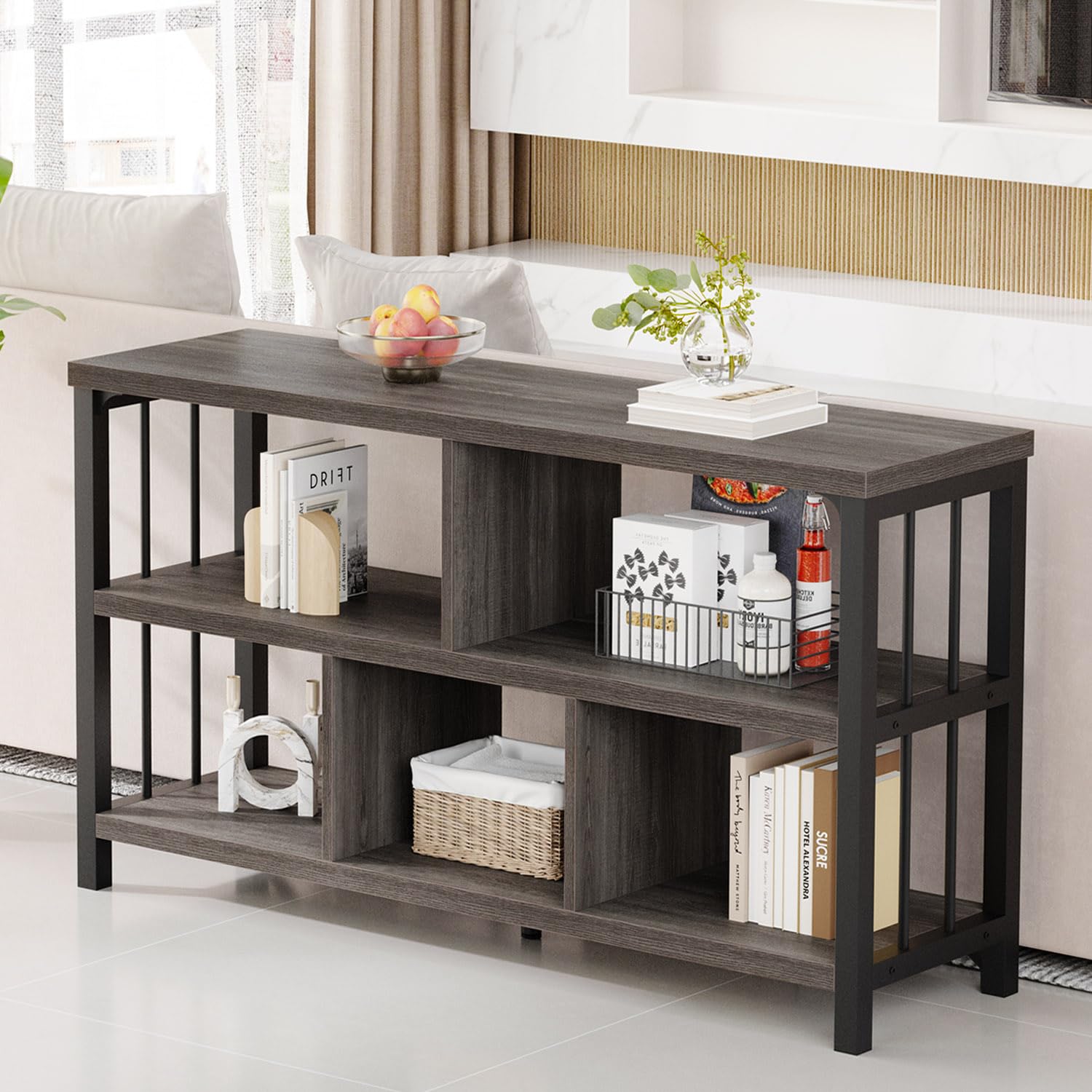 IBF Industrial 5 Cube Storage Organizer Bookshelf - Rustic Low Horizontal Bookcase with Metal Frame & Wood Shelves - Modern Wide Cubby Shelf for Bedroom, Living Room, Home Office - Dark Grey Oak Finish - 47 Inch - Perfect for Organizing Books, Decor & Storage Bins