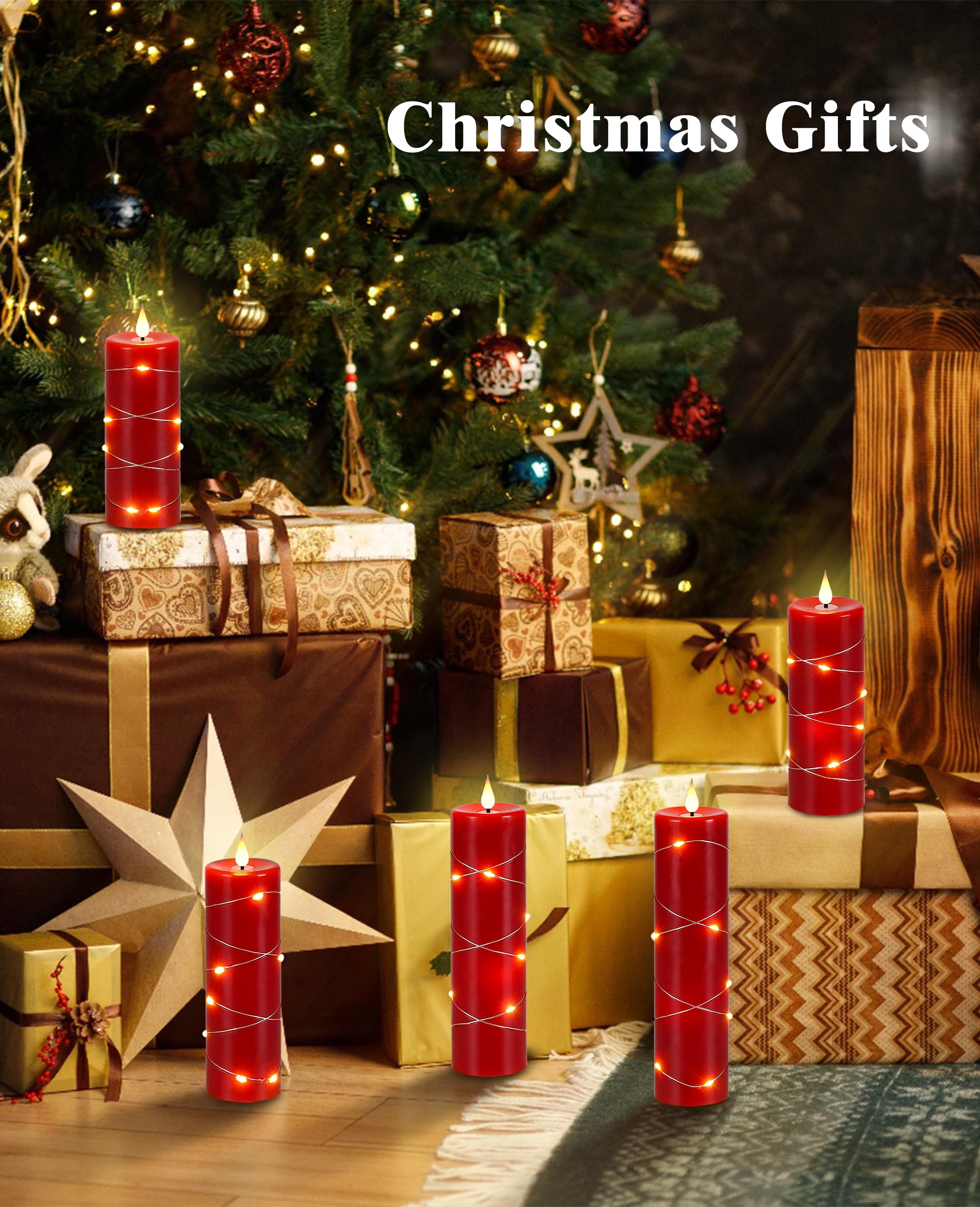 Upinmz Set of 5 Red Flameless LED Pillar Candles with Remote Control, Timer & Flickering String Lights - Battery Operated Decorative Candles for Home, Wedding, Party & Holiday Decorations