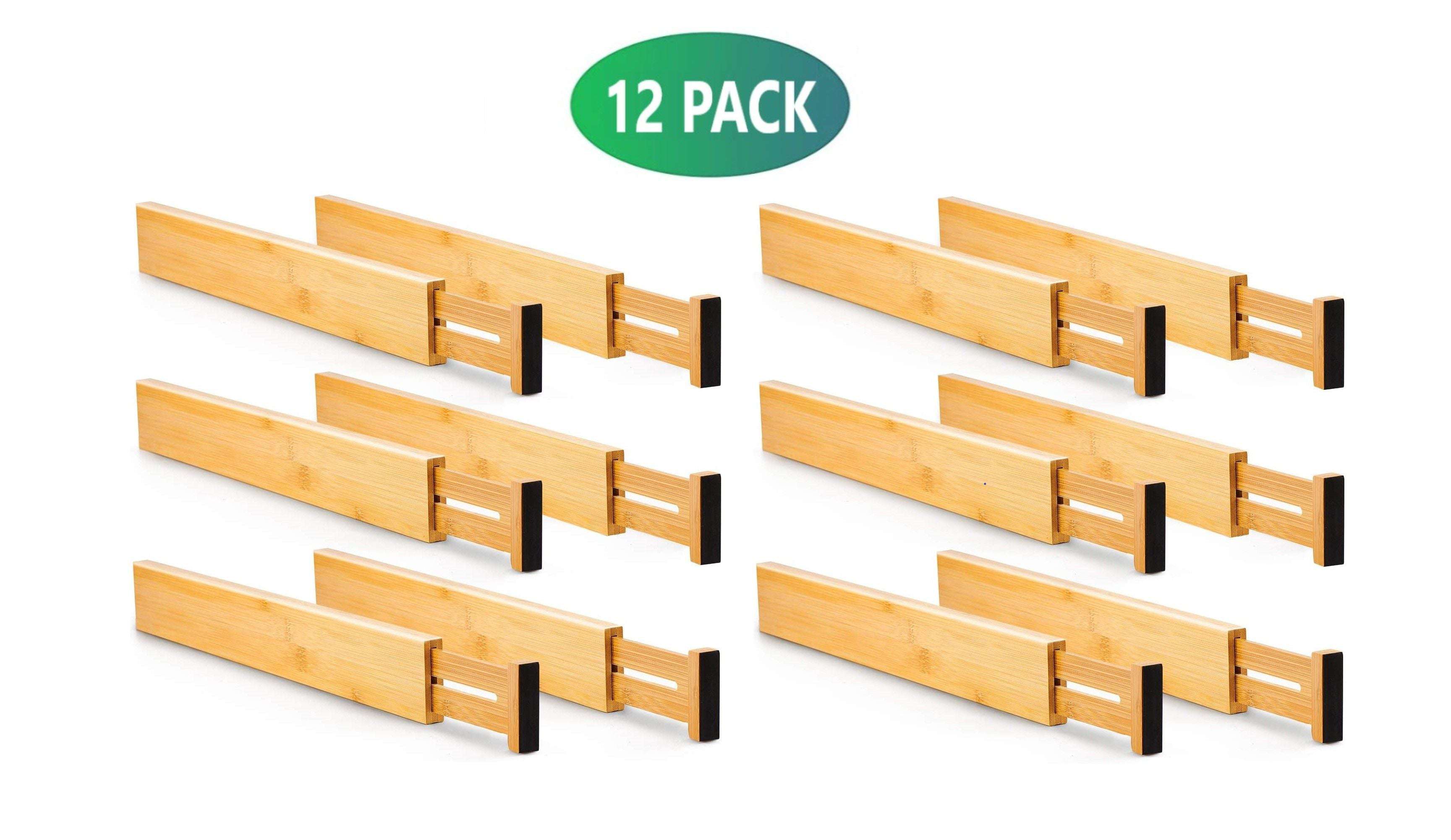 12 Pack Bamboo Adjustable Kitchen Drawer Organizers - Large Size (44-55cm) for Utensils, Spices & Cutlery - Perfect for Pantry, Office & Bathroom Storage