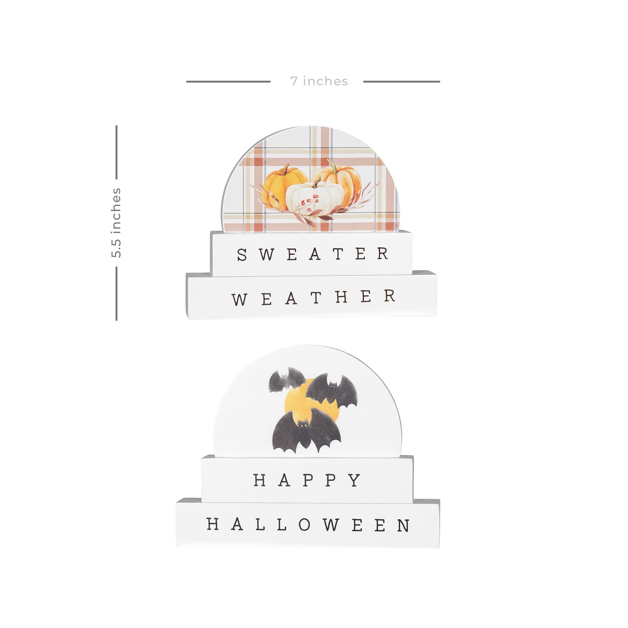 Stratton Home Decor Double-Sided Fall & Halloween Tabletop Decor - Rustic Wooden Centerpiece for Empty Tables - White Seasonal Home Decor (1.25”x7”x5.5”) - Perfect for Living Room, Dining Table, Mantel & Entryway Decorations