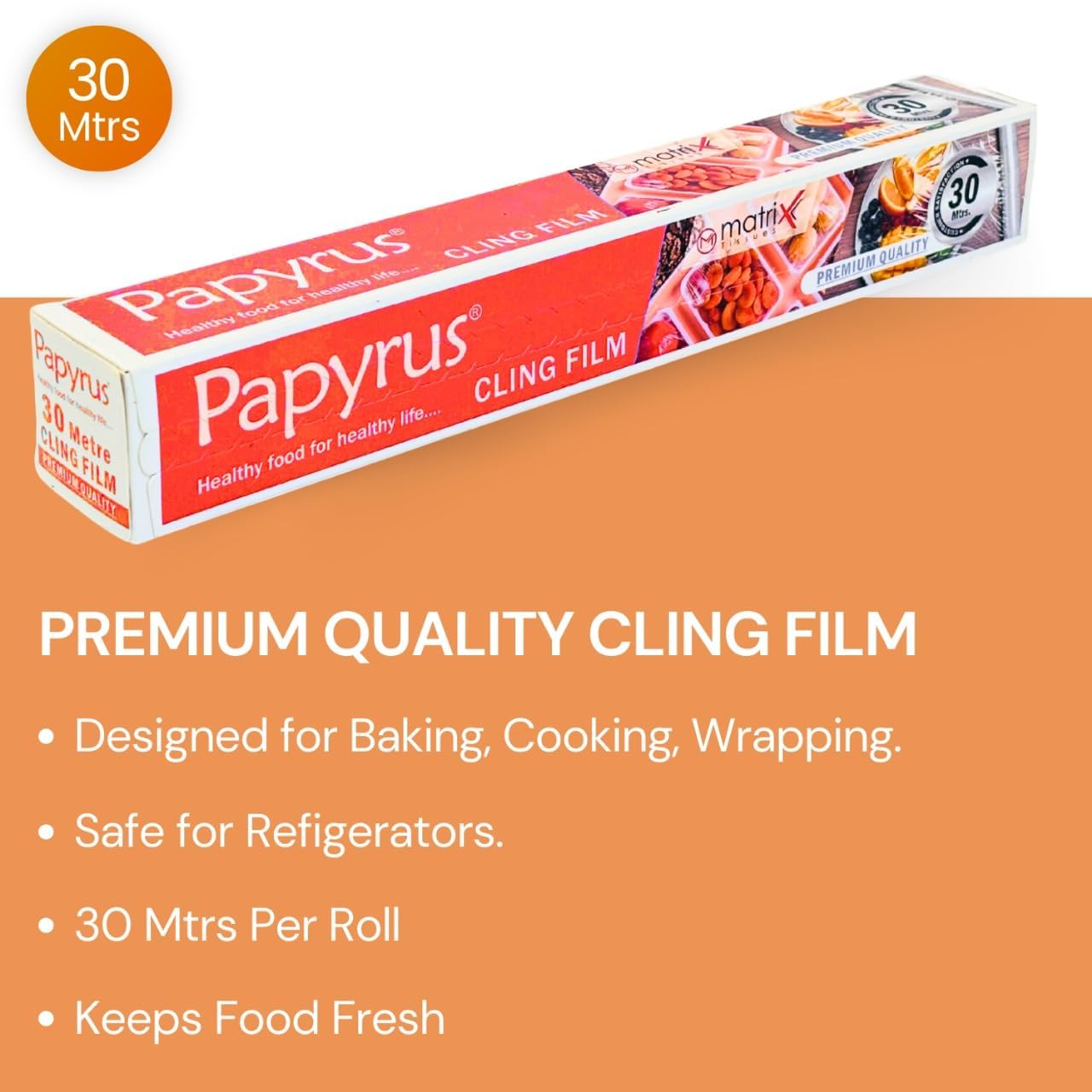 Premium Papyrus Food Wrap Cling Film - 30m Roll for Fresh Food Storage, Meal Prep & Leftovers | BPA-Free Plastic Wrap for Vegetables, Fruits, Sandwiches & More | Ideal for Kitchen, Picnics & Lunch Box Packing (Transparent, 1 Pack)