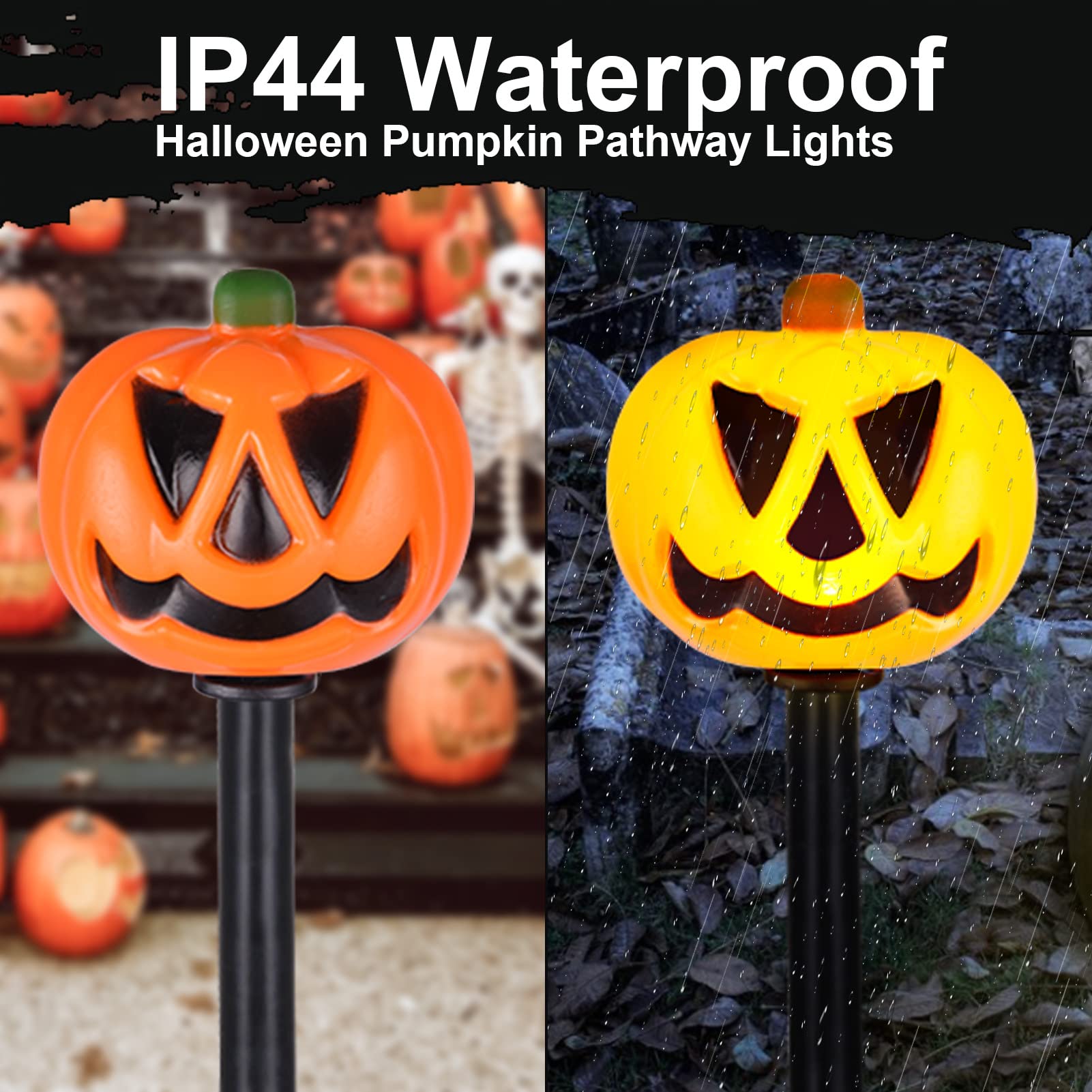 10 Pack Solar Halloween Pumpkin Stake Lights - Waterproof Outdoor Garden & Yard Decorations for Halloween Party, Pathway, Porch, and Patio Lighting