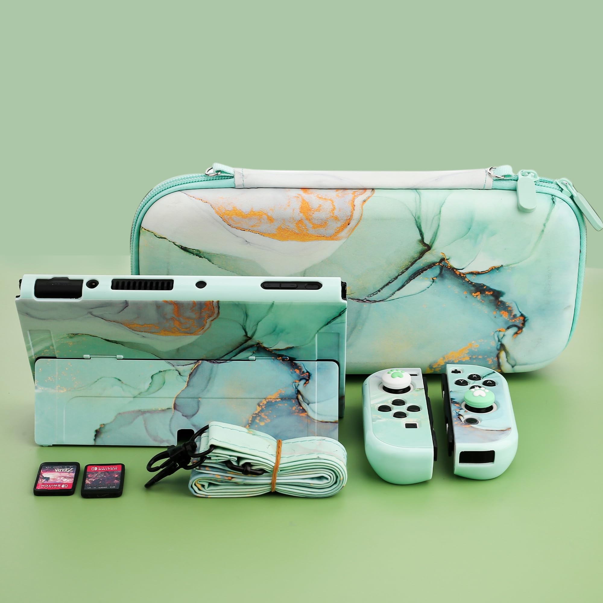 Premium Shockproof Hard Shell Carrying Case for Nintendo Switch OLED - Travel Bag with PC Protective Cover, Screen Protector, Shoulder Strap & 2 Thumb Grips (Green Marble) - Perfect for Gaming on the Go, Travel Protection & Accessory Storage