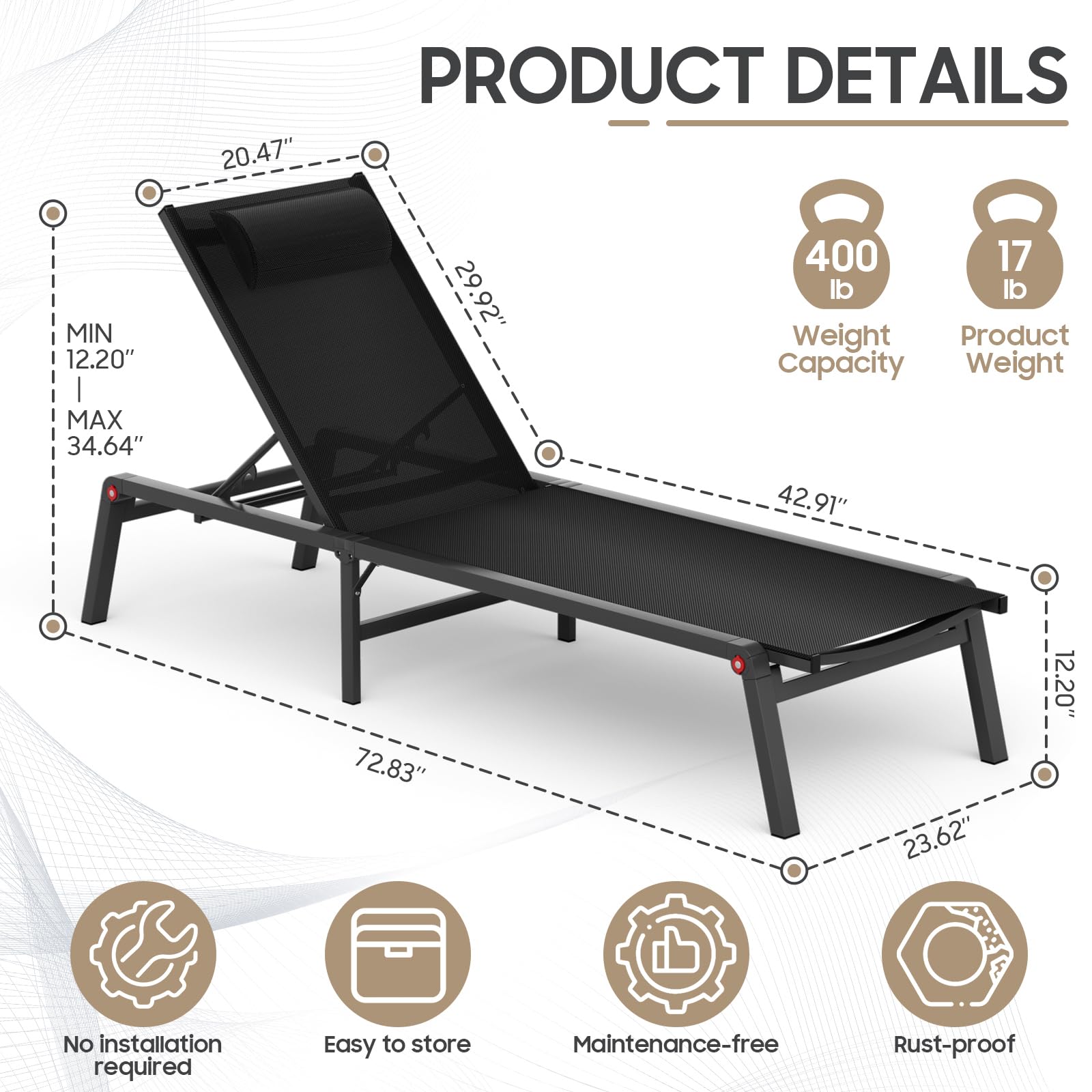 **5-Position Adjustable Aluminum Folding Chaise Lounge Chair - Outdoor Recliner for Patio, Pool, Beach & Tanning - Heavy Duty Black Poolside Sunbathing Chair**    *(Perfect for Relaxing by the Pool, Lounging in the Backyard, or Sunbathing at the Beach - Lightweight & Portable for Easy Storage & Travel)*
