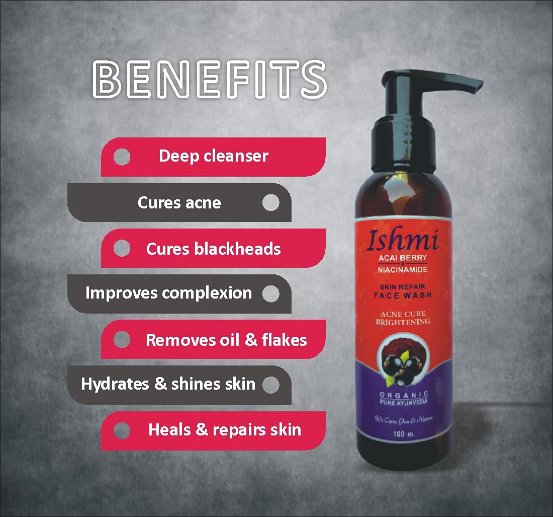 Ishmi Acai Berry & Niacinamide Face Wash - 100ml | Hydrating & Gentle Cleanser for Acne, Pimples & Combination Skin | SLS, Paraben & Silicone Free | Daily Skincare Routine for Clear, Glowing Skin